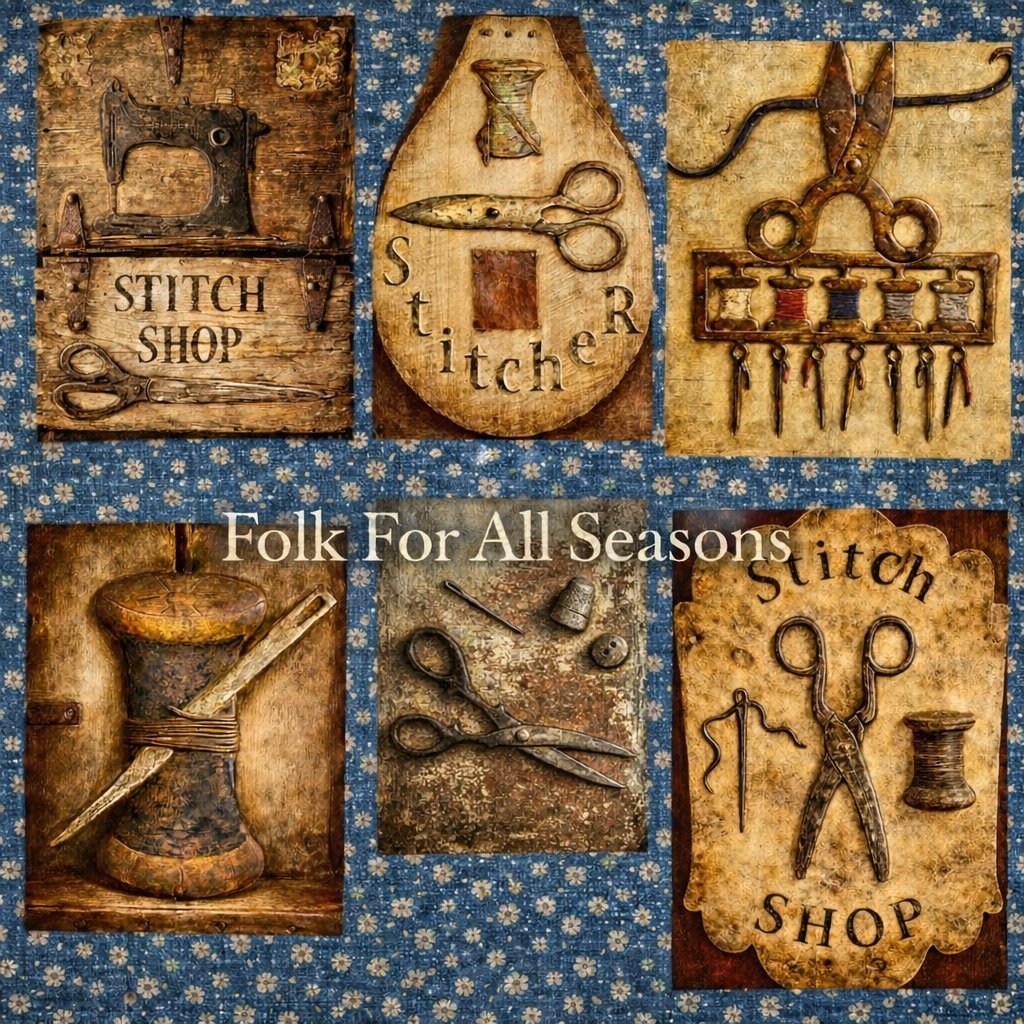 Stitcher, Quilter, Sewing Collage for Junk Journal #2 - Digital Download - Enhanced Original Folk Art