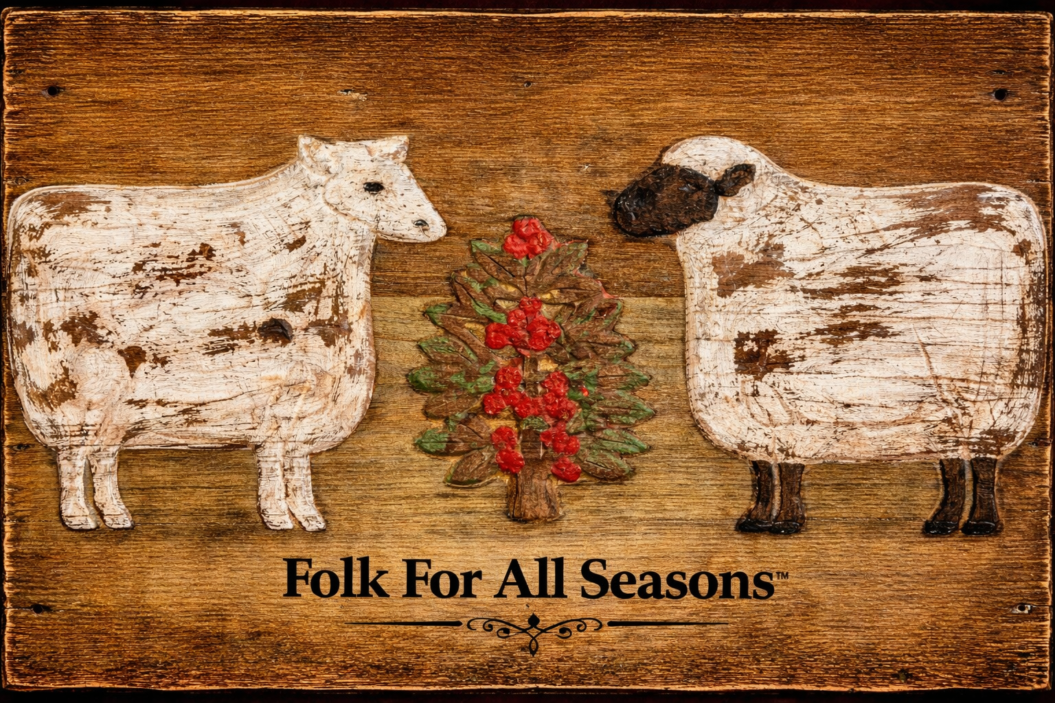 Sheep with Cherry Tree - Digital Download - Enhanced Print of Original Folk Art