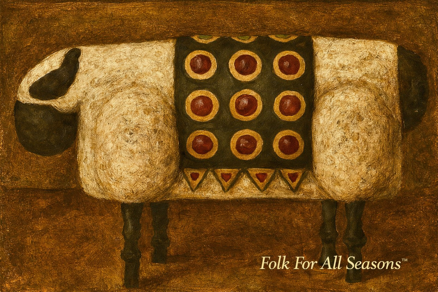 White Sheep with Penny Rug - Digital Download - Enhanced Print of Original Folk Art