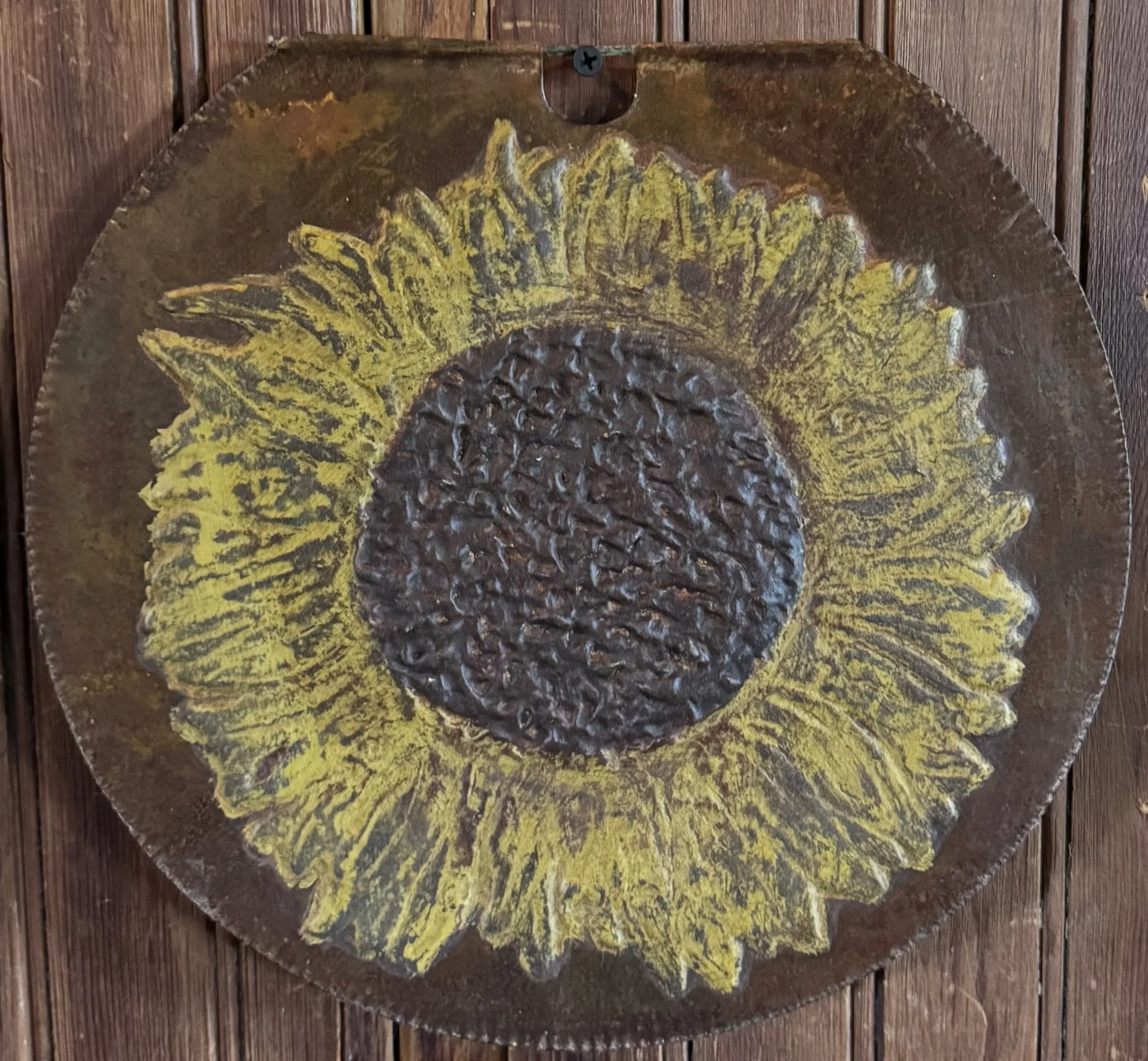 Primitive Sunflower on an Old VT Tin Sap Bucket Lid