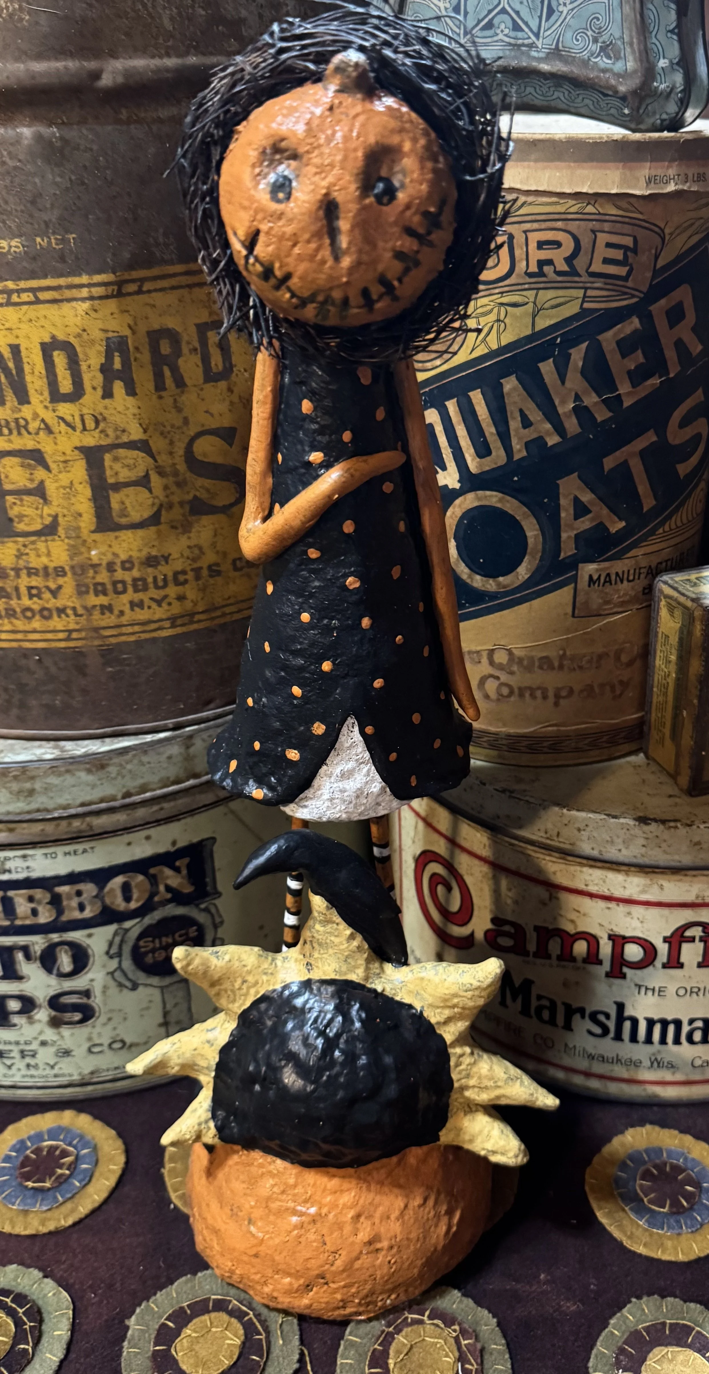 Sunflower Patch Girl Wearing Black Dress with Orange Polka Dots with Sunflower and Crow at her Feet