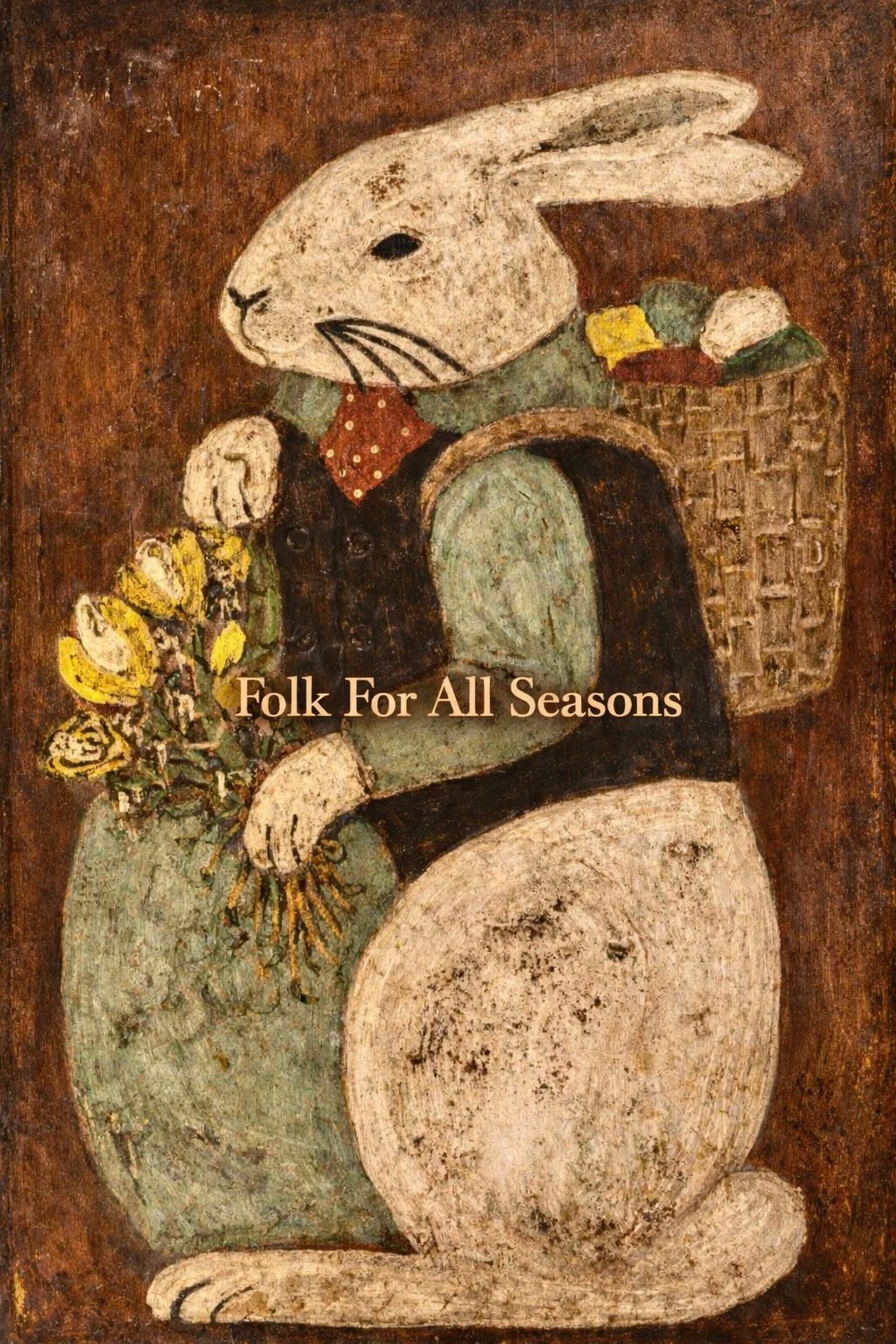 White Bunny with Egg and Flowers - Digital Download - Enhanced Print of Original Folk Art