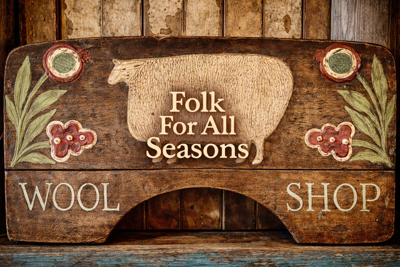 Wool Shop Sign Sheep and Flowers - Digital Download - Enhanced Print of Original Folk Art