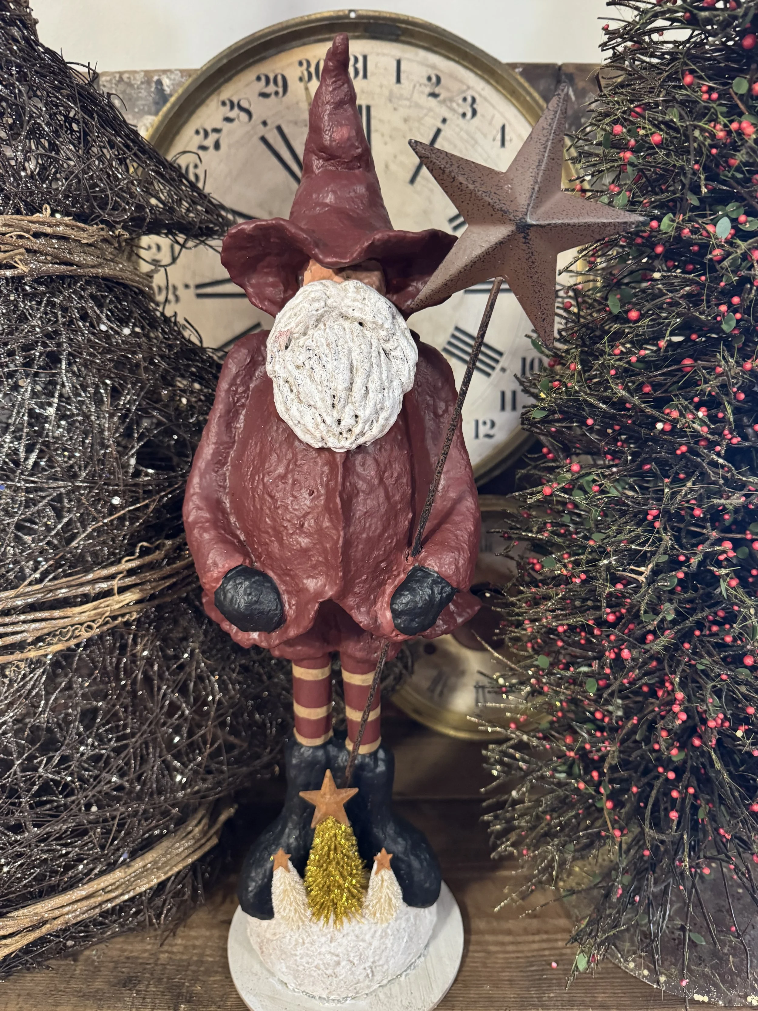 Original Santa Tall Skinny Legged  Barn Red Cloak Holding Star with Three Trees