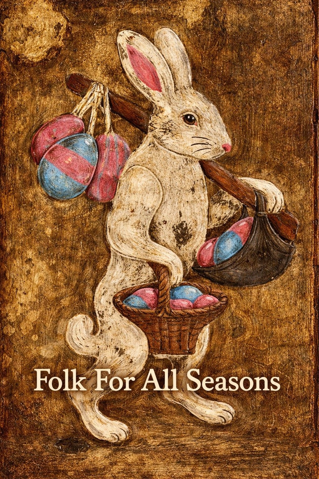 White Easter Bunny Delivering Eggs - Digital Download - Enhanced Print of Original Folk Art