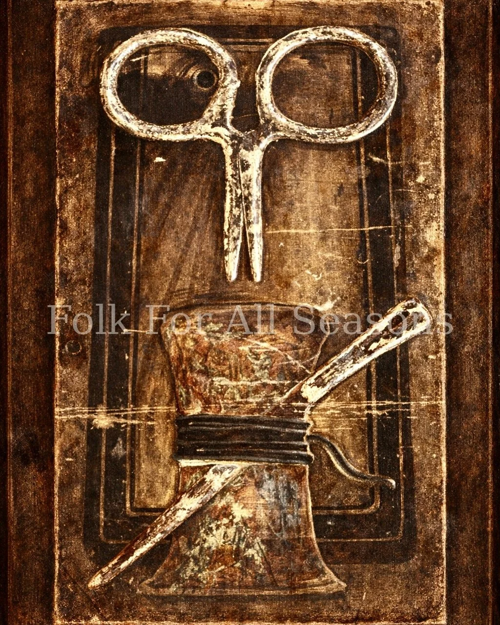 Rustic Scissors and Thread Spool - Digital Download - Enhanced Print of Original Folk Art