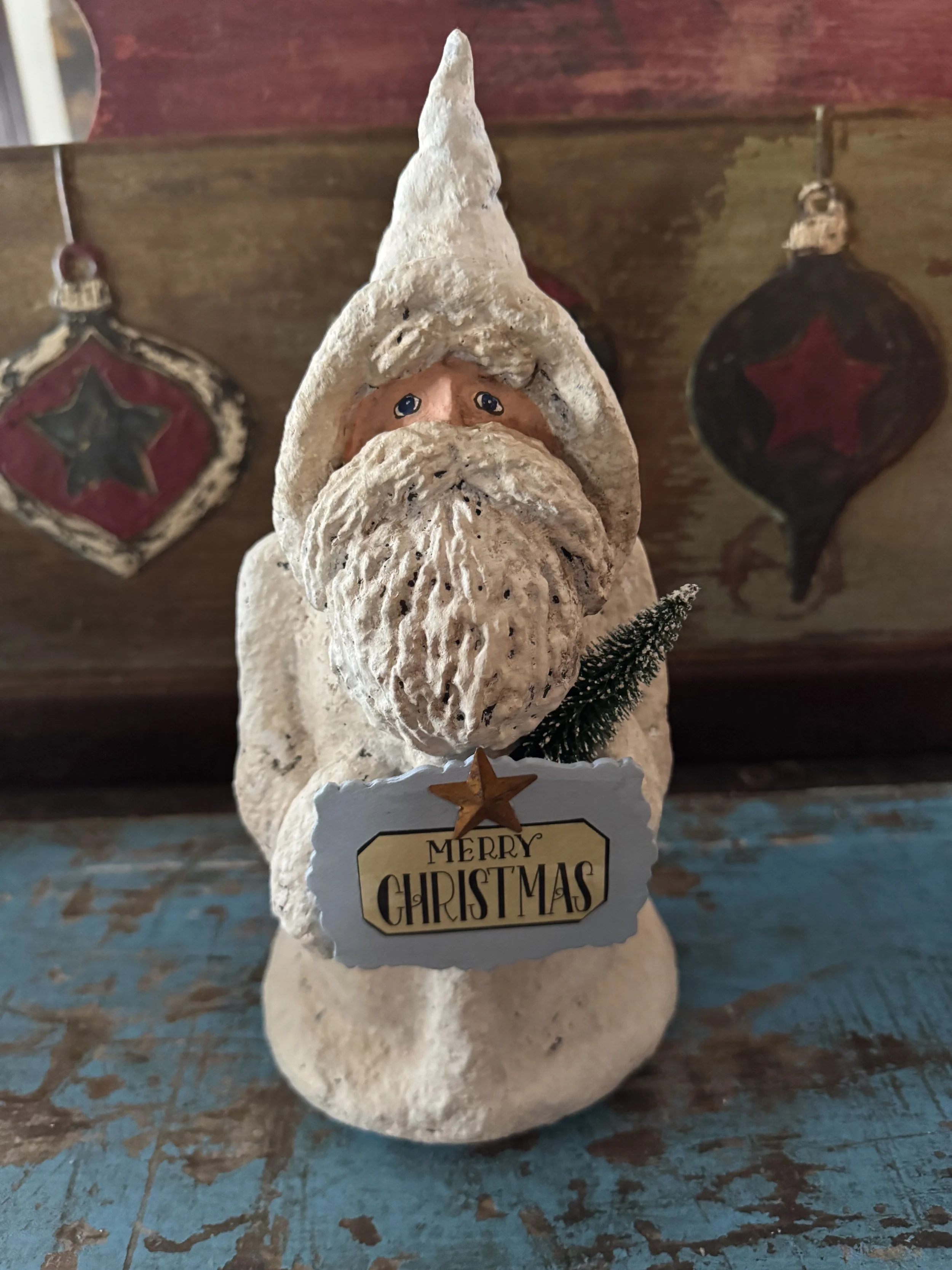 Sentiment Santa White Chubby Guy Holding Light Blue Merry Christmas Sign