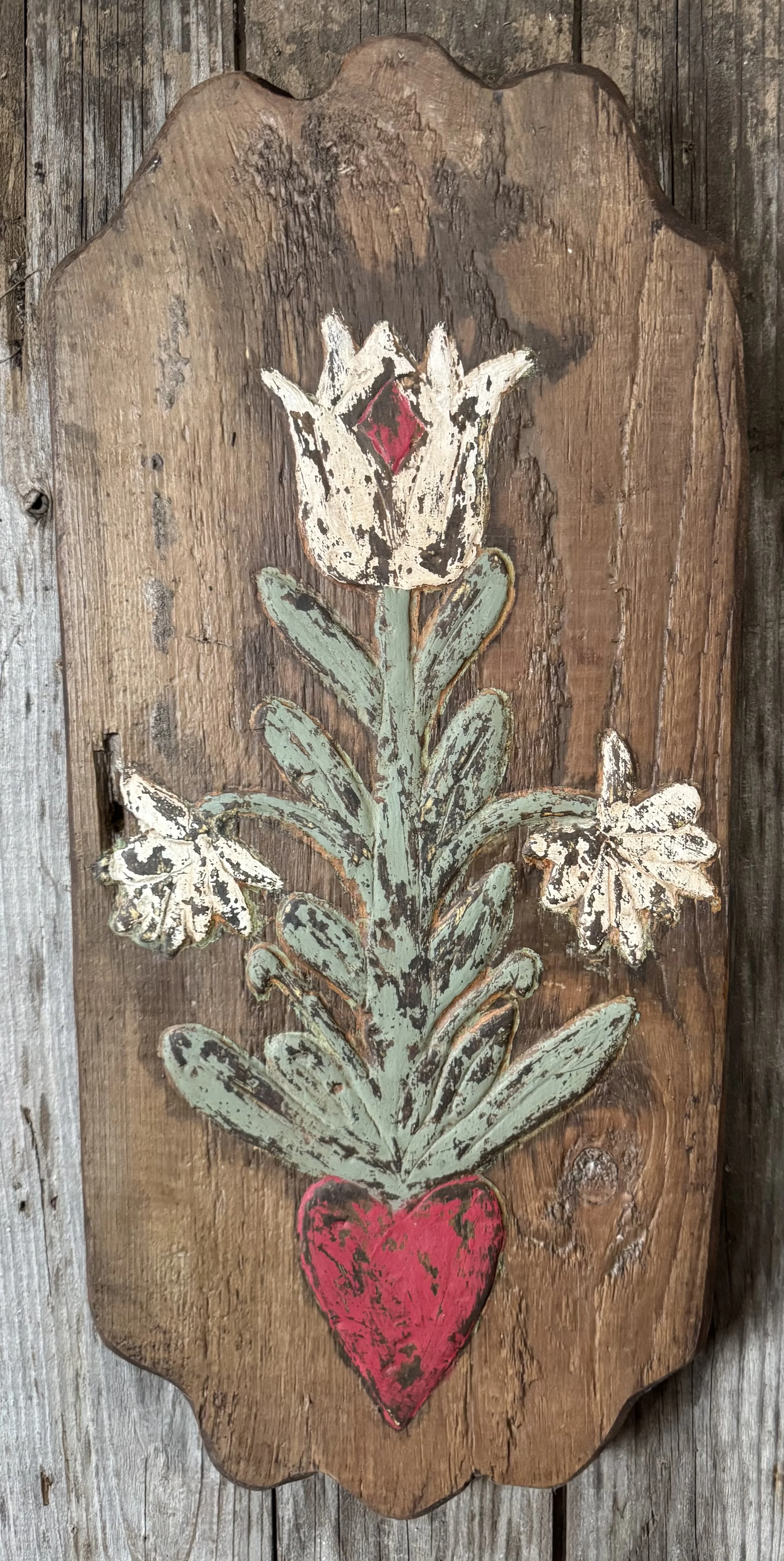 Fancy Heart Tulips and Flowers on Shaped Board