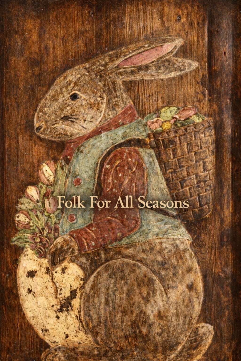 Gray Bunny with Big Egg and Flowers - Digital Download - Enhanced Print of Original Folk Art