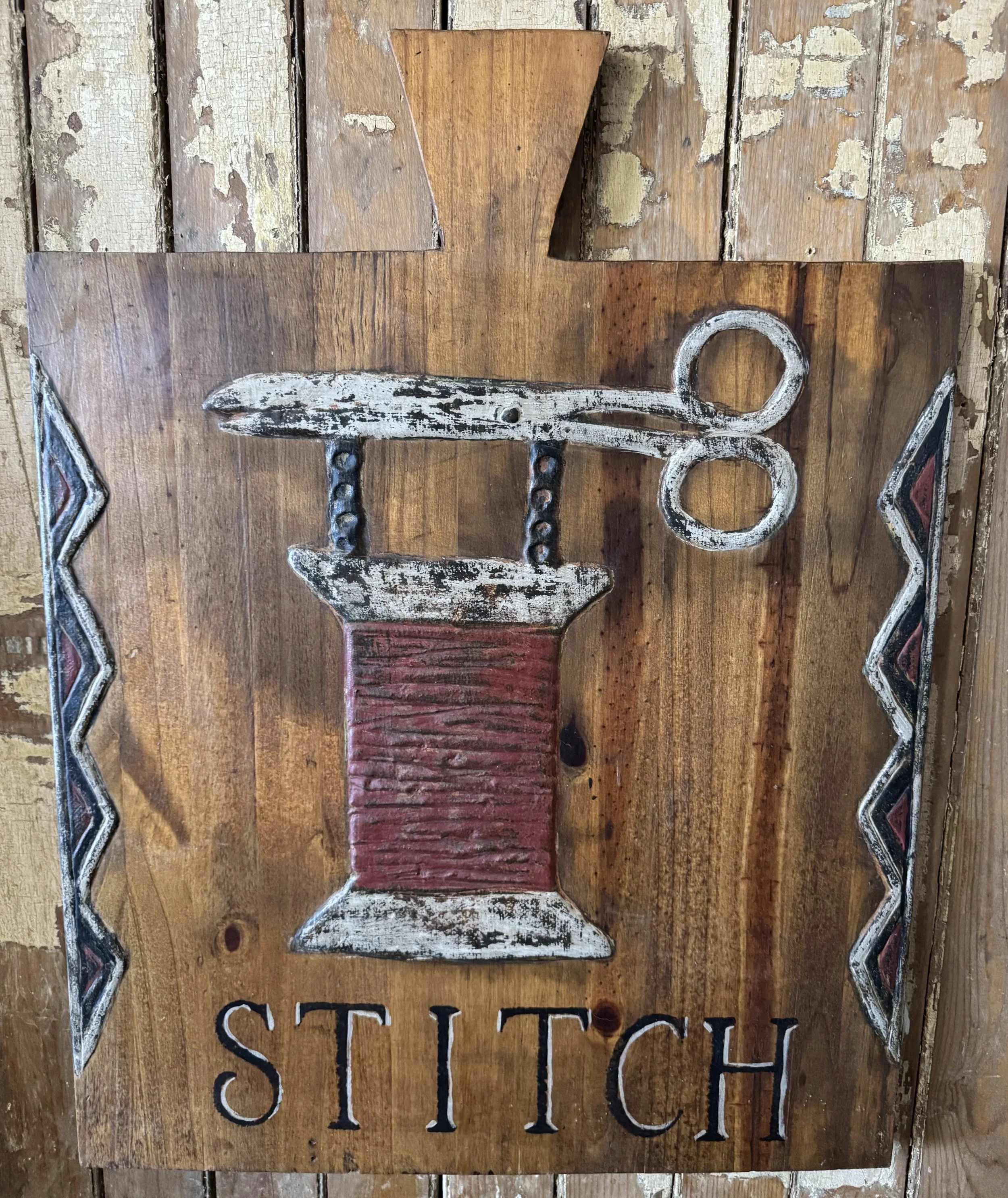 Stitch Shop Trade Sign on Large Old Cutting Board Shape