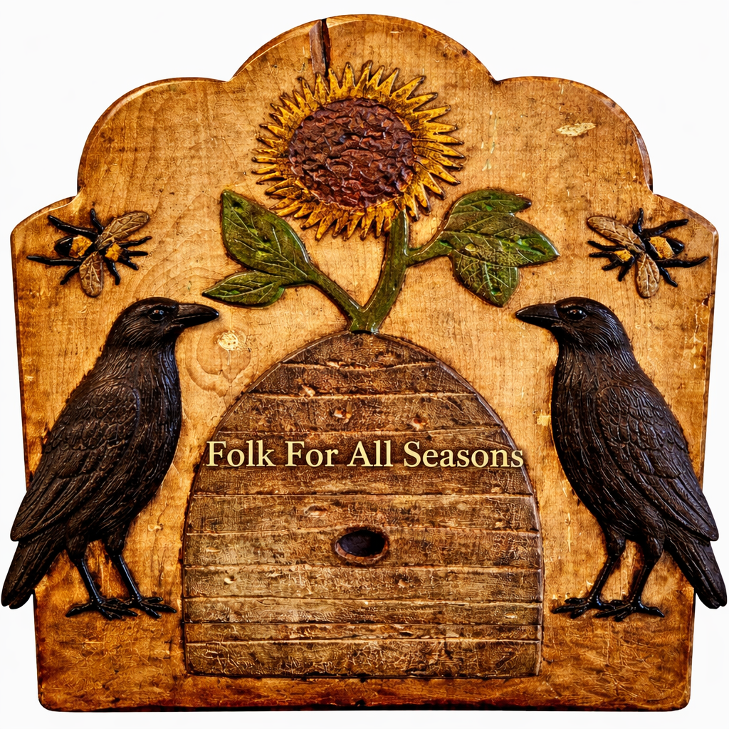 Crows, Bees and Sunflower Bee Skep - Digital Download - Enhanced Print of Original Folk Art
