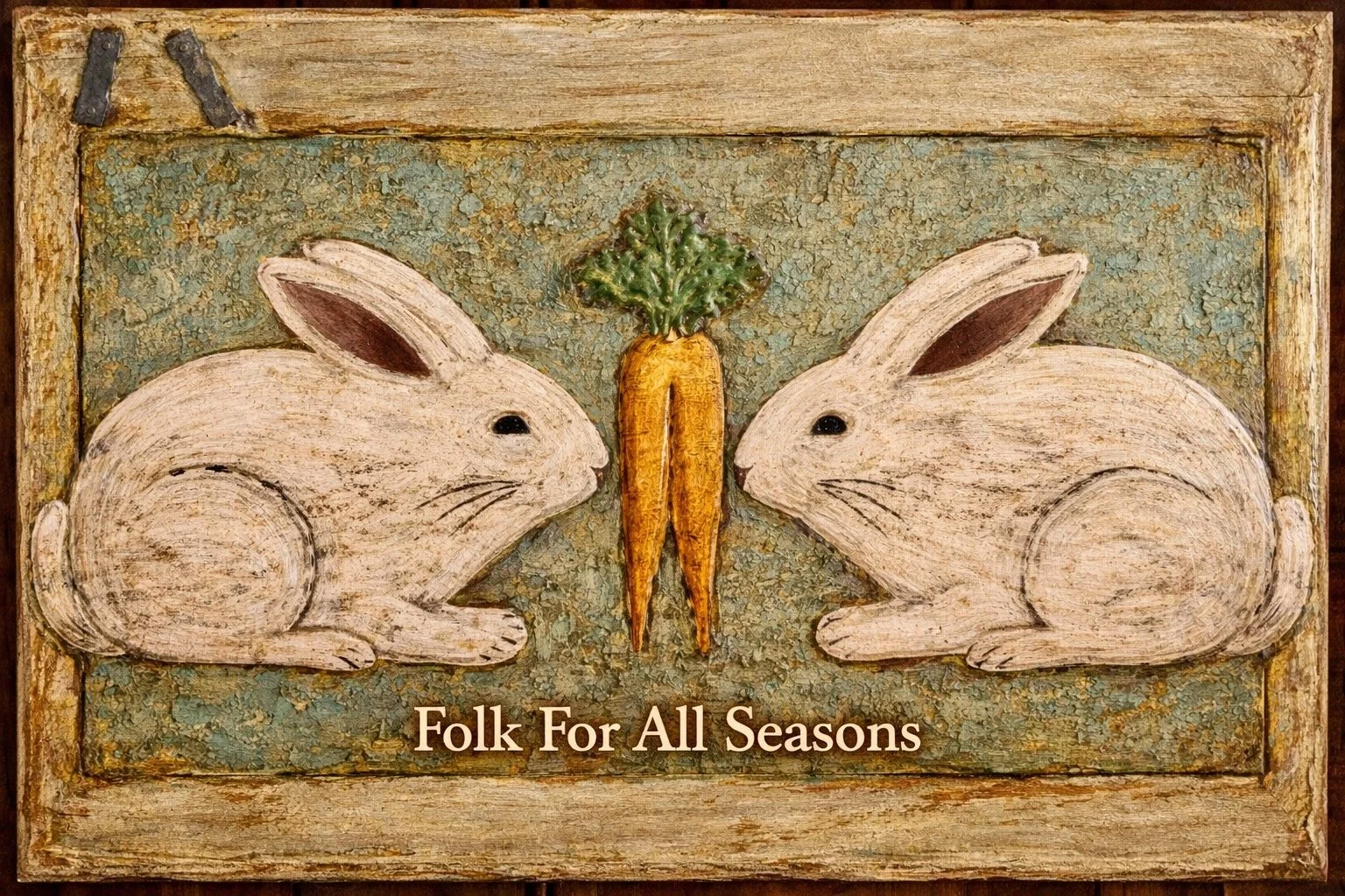 Two White Bunnies with a Carrot in the Center - Digital Download - Enhanced Print of Original Folk Art