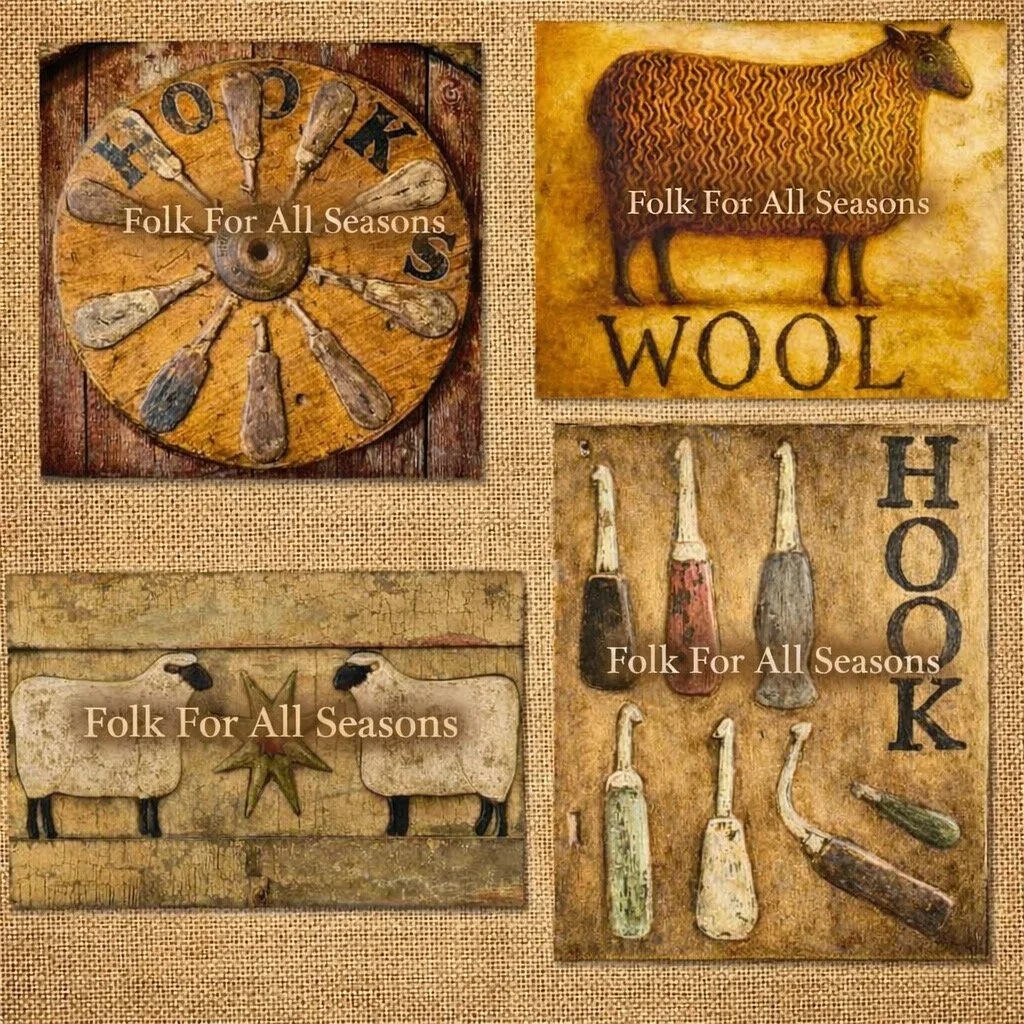 Rug Hookers Collage #1 - Digital Download - Enhanced Print of Original Folk Art on Burlap Overlay