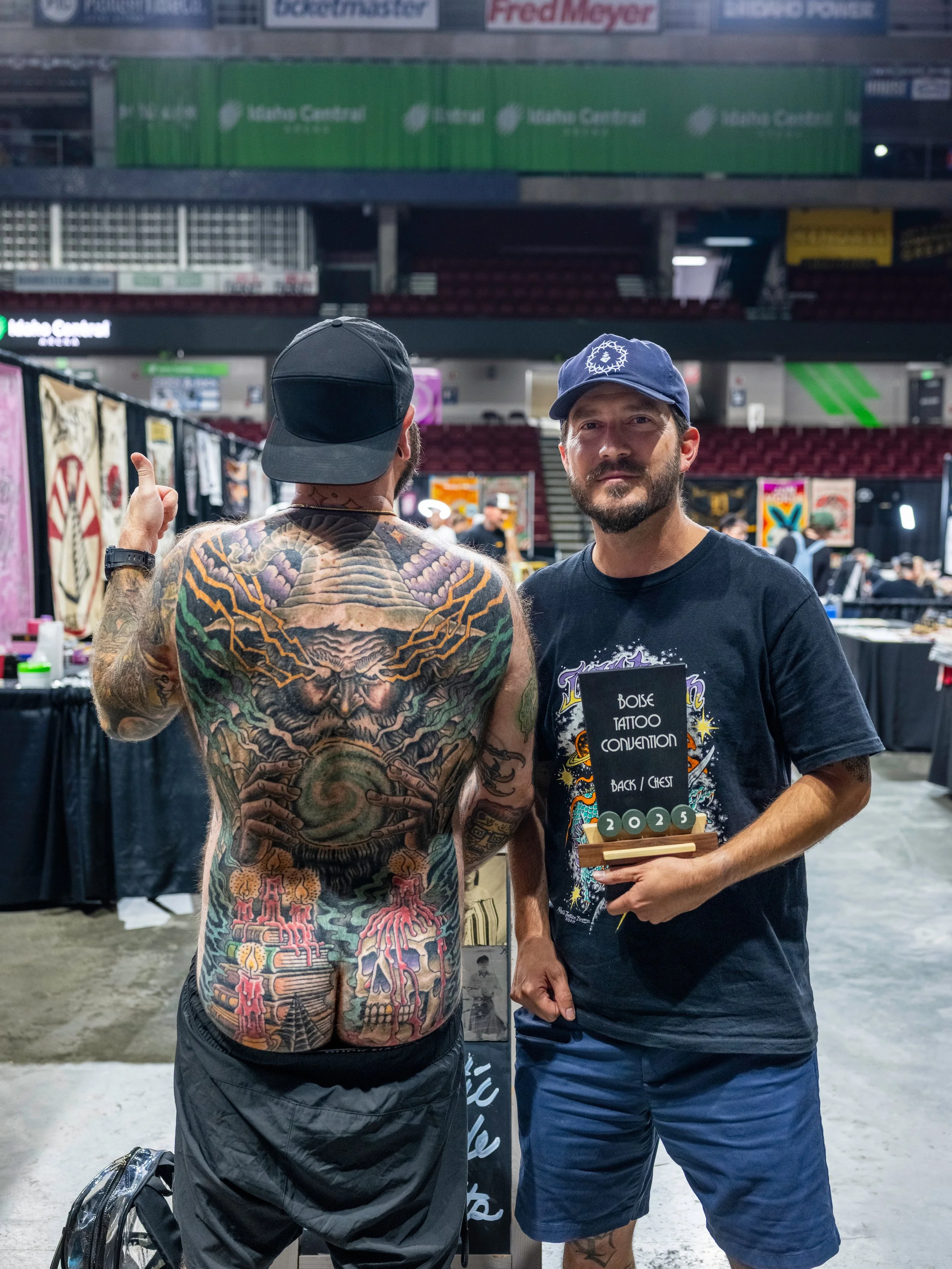 Fridays winner for Back / Chest! Matt Laster with Atonement Tattoo and Client. Photo by Nick Hedden @gemstatephoto