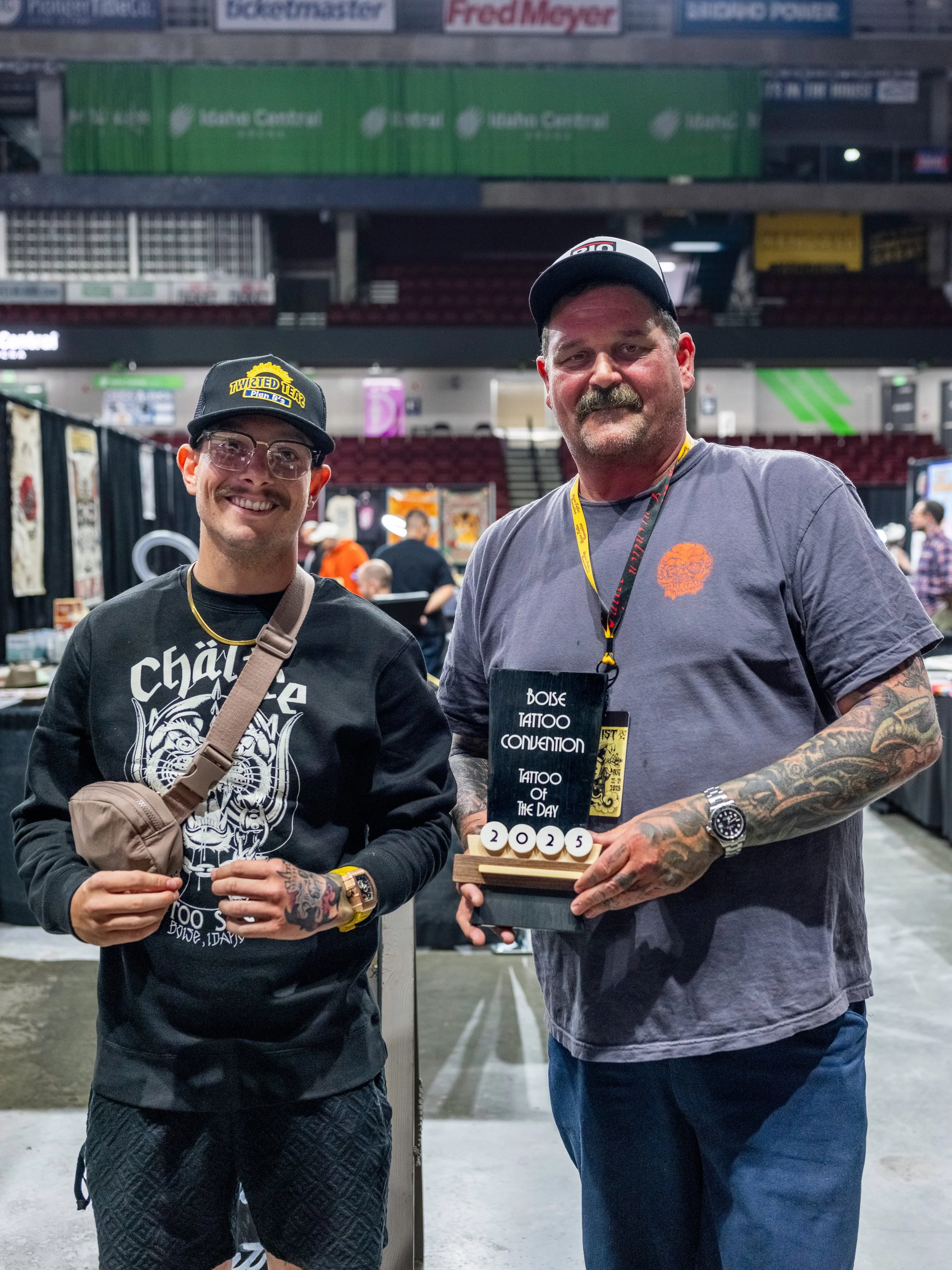 Sundays winner of Tattoo of the Day, Ryan "teach" Schienle of Chalice Tattoo and client. Photo by Nick Hedden @gemstatephoto