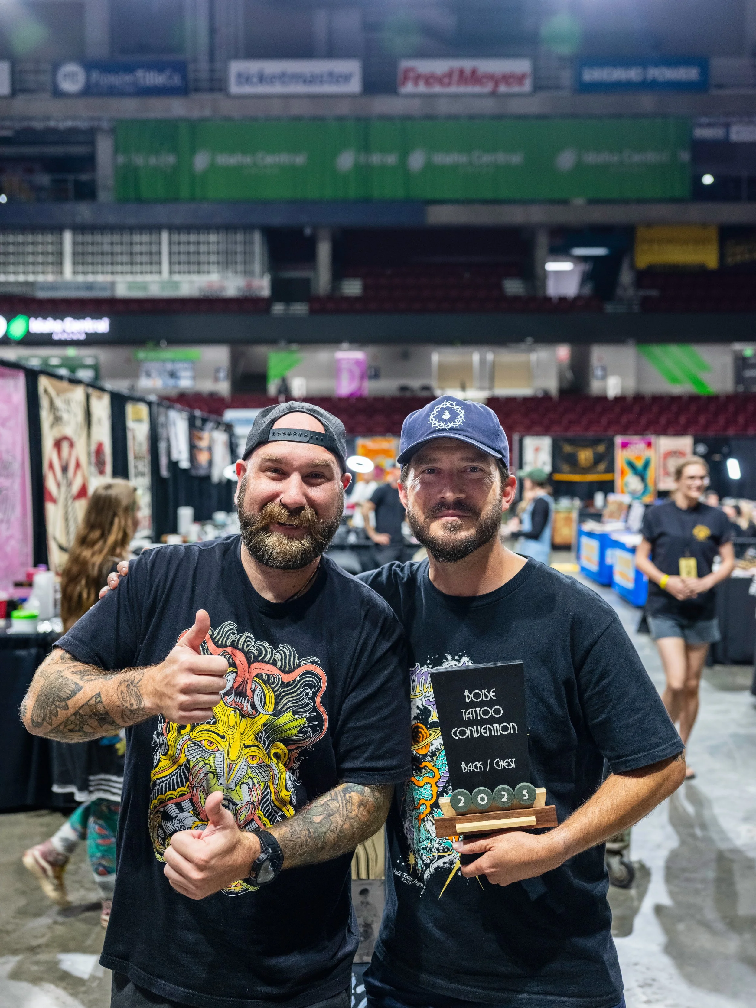 Fridays winner for Back / Chest! Matt Laster with Atonement Tattoo and Client. Photo by Nick Hedden @gemstatephoto