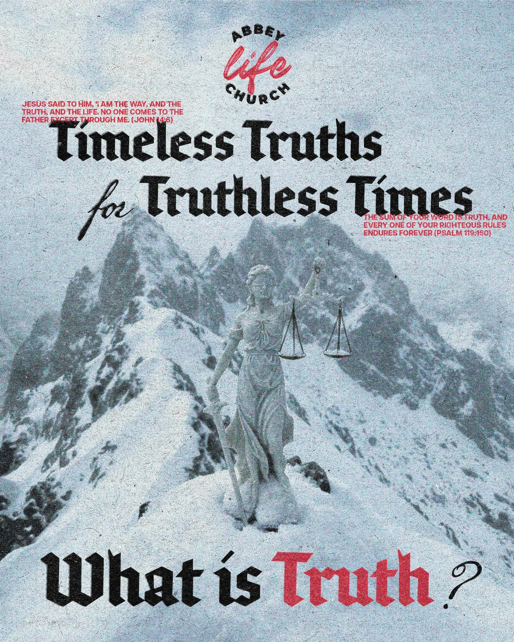 🚨 𝙉𝙚𝙬 𝙎𝙚𝙧𝙞𝙚𝙨: 𝙏𝙞𝙢𝙚𝙡𝙚𝙨𝙨 𝙏𝙧𝙪𝙩𝙝𝙨 𝙛𝙤𝙧 𝙏𝙧𝙪𝙩𝙝𝙡𝙚𝙨𝙨 𝙏𝙞𝙢𝙚𝙨 ⌛️
Ep1 - &ldquo;𝖂𝖍𝖆𝖙 𝖎𝖘 𝕿𝖗𝖚𝖙𝖍&rdquo; &mdash; the same question Pilate asked still echoes today.
Join us at Abbey Life Church as we rediscover the un