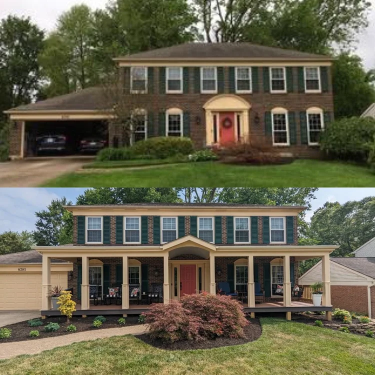 A craftsman installs new siding on a classic Cincinnati home, while another worker fits a modern, energy-efficient window. The house features fresh landscaping and a welcoming front porch.