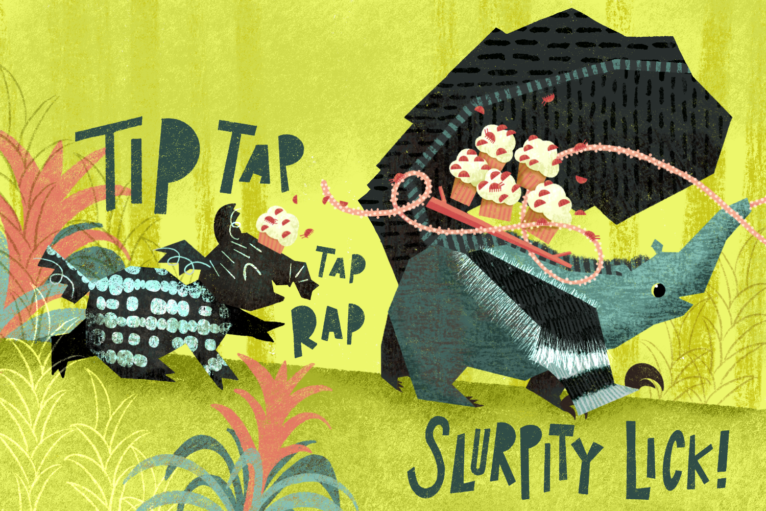 Children’s book spread illustration of a playful anteater carrying cupcakes chased by a baby tapir in a colorful jungle, with text ‘Tip Tap Tap Rap’ and ‘Slurpity Lick!’