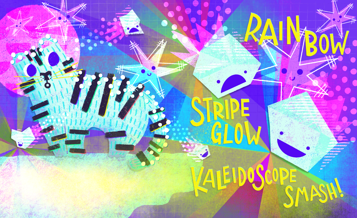 Children’s book spread illustration of a playful snow-making tiger and his magic wildlings in a colorful sky making rainbow snowbows, with text ‘Rainbow’ 'Stripe Glow' and ‘Kaleidoscope Smash!’