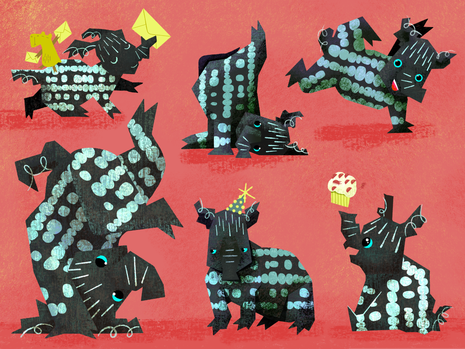 Children’s book character sheet illustration of baby tapir in various playful and action-packed poses showing a range of emotions.