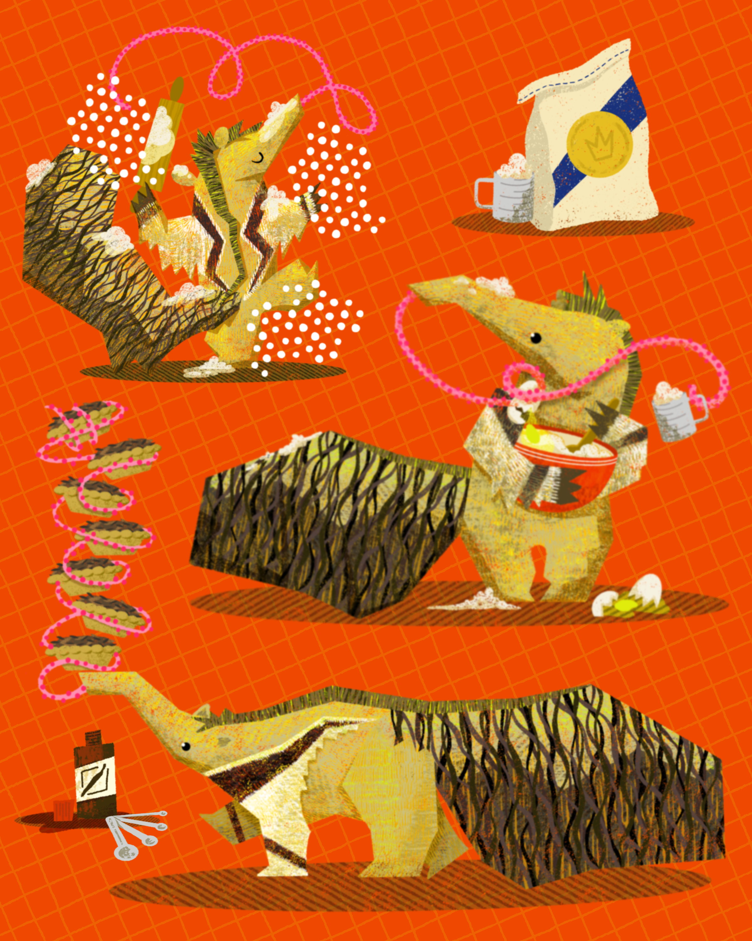 Illustrated character sheet showing three vignettes of a whimsical giant anteater baking.
