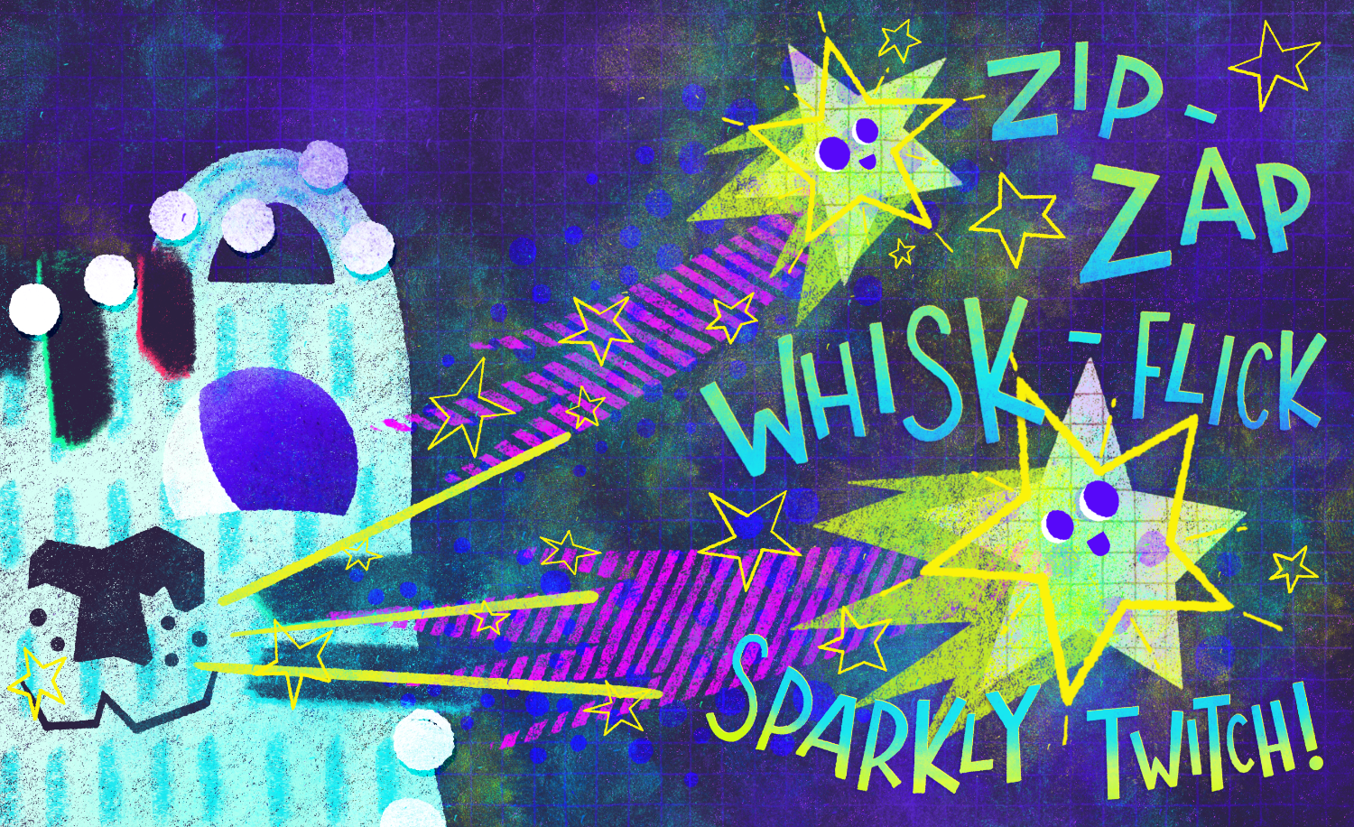 Children’s book spread illustration of a playful snow-making tiger and his magic wildlings in a dark sky making electric energy, with text ‘Zip-zap’ 'Whisk-Flick' and ‘Sparkly Twitch!’