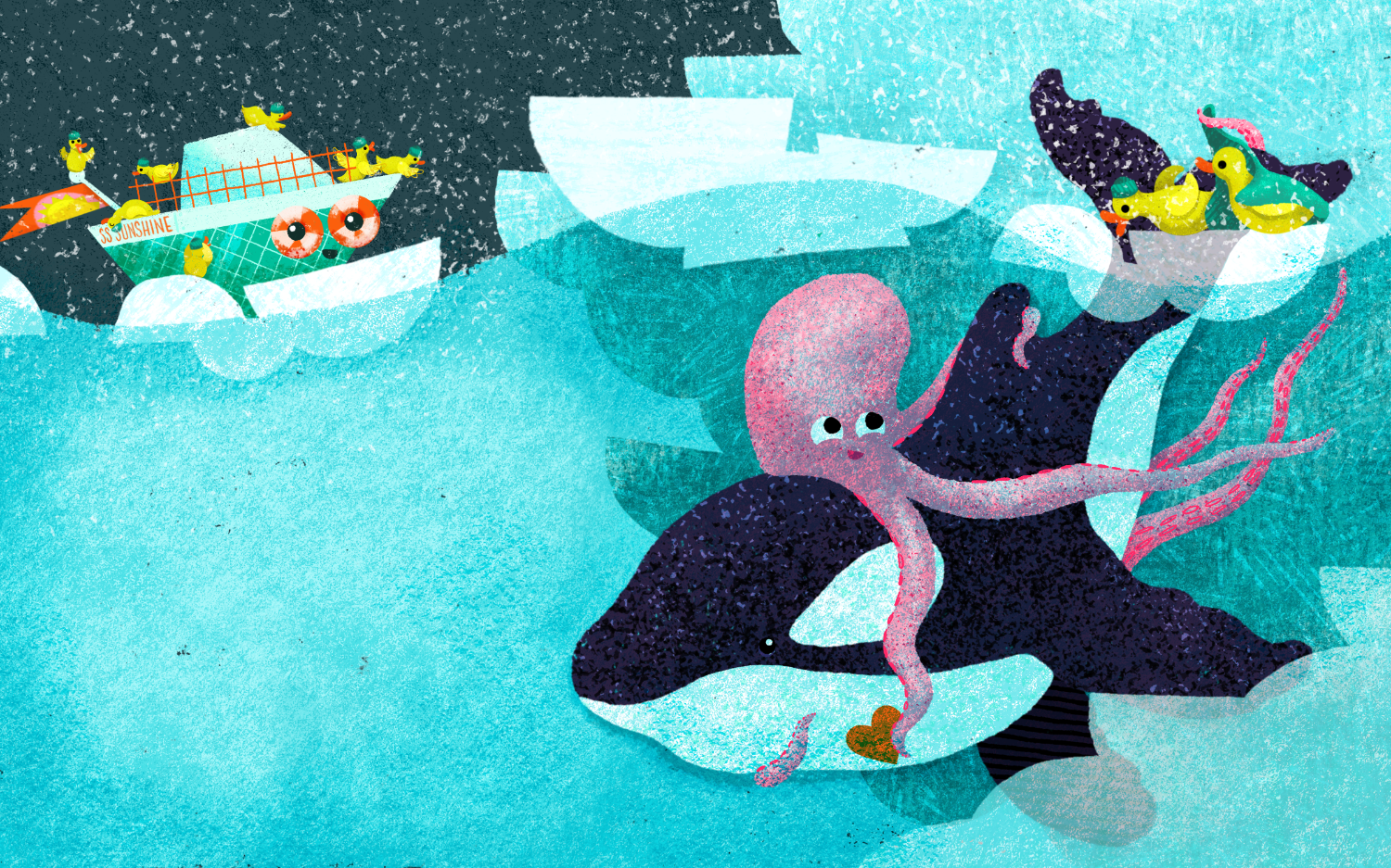 Illustrated children’s book hero spread of Little Boat navigating icy waters to find missing duckies, accompanied by a pink octopus and a friendly swimming orca.