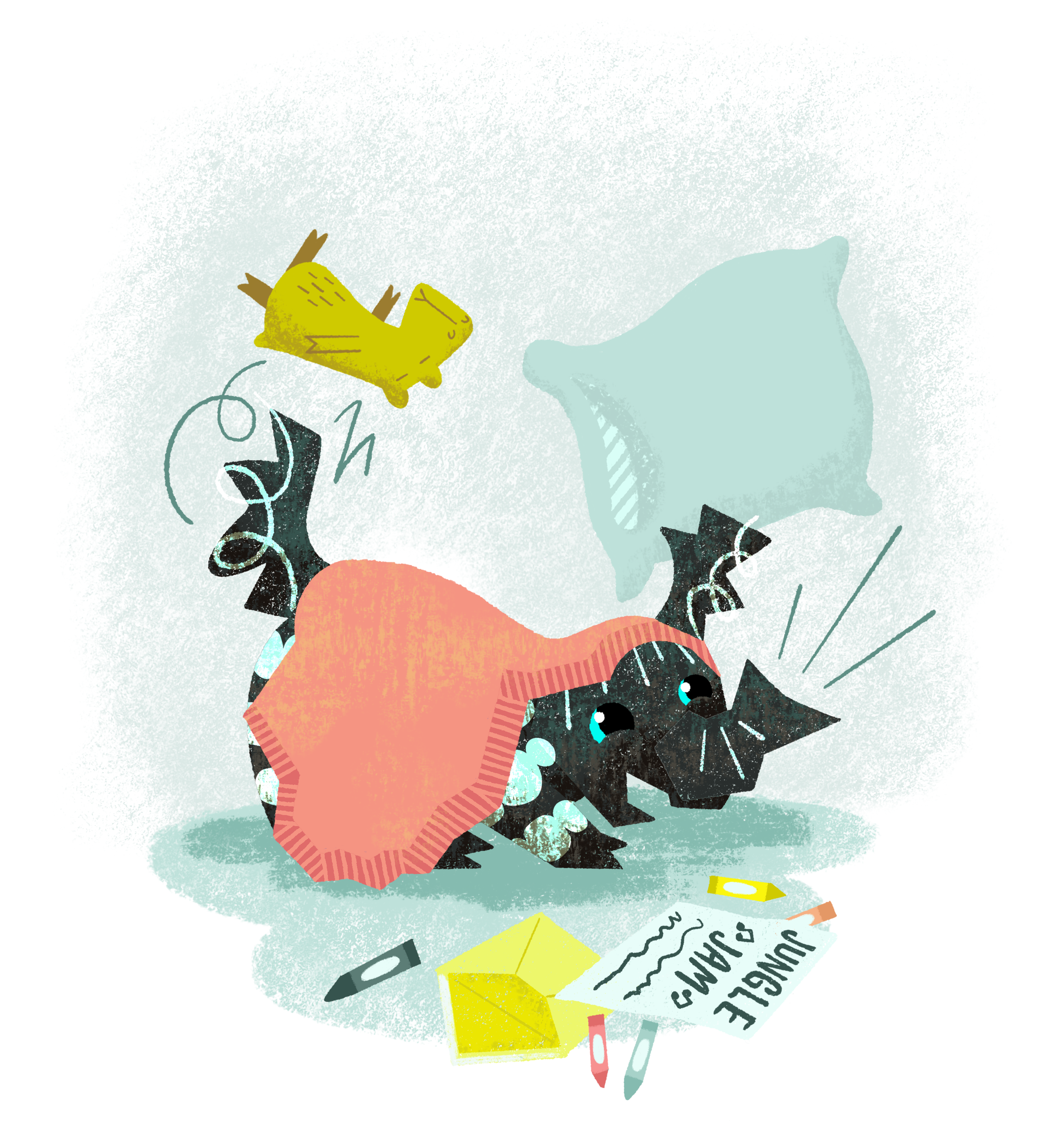 Children’s book illustration of a playful baby tapir waking up excitedly and ready to start his day.