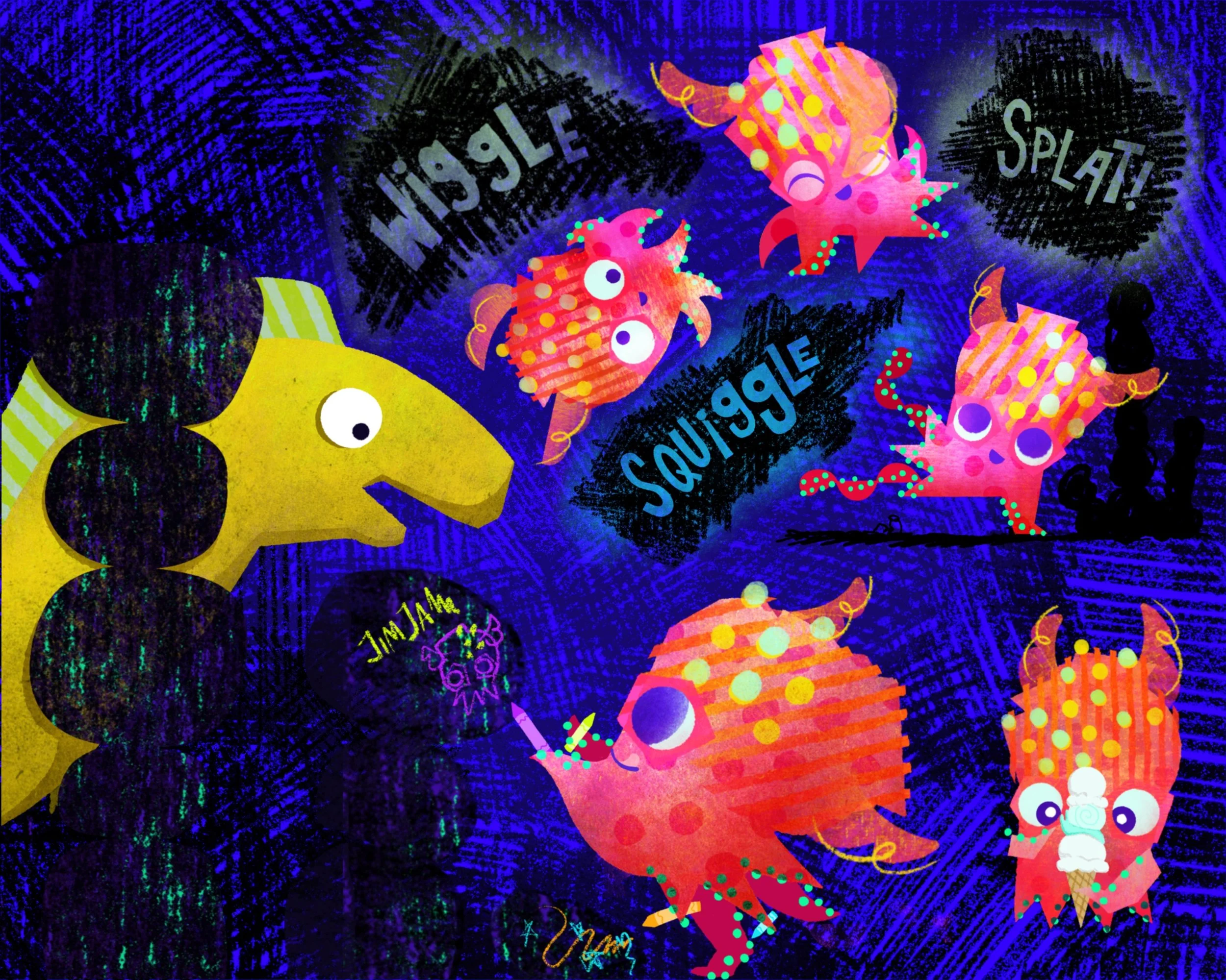 Colorful illustrated character sheet of a bobtail squid and eel featuring different poses and emotions with bold patterns, layered shapes, and a bright color palette.