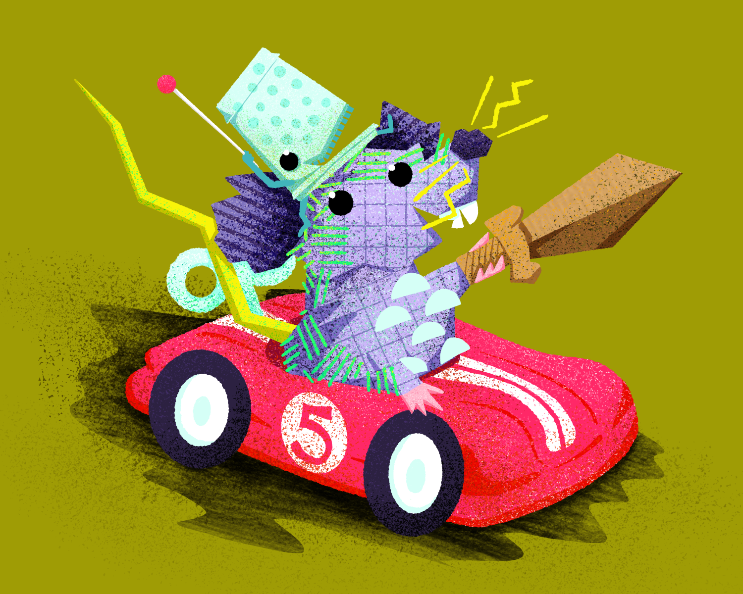 Children’s book spot illustration of a brave, colorfully patterned mouse driving a toy wind-up car with a thimble friend riding on its head.