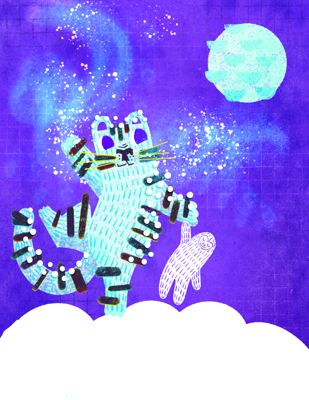 Children’s book page illustration of a playful snow-making tiger and his yeti stuffy in a colorful sky waking up for the night.