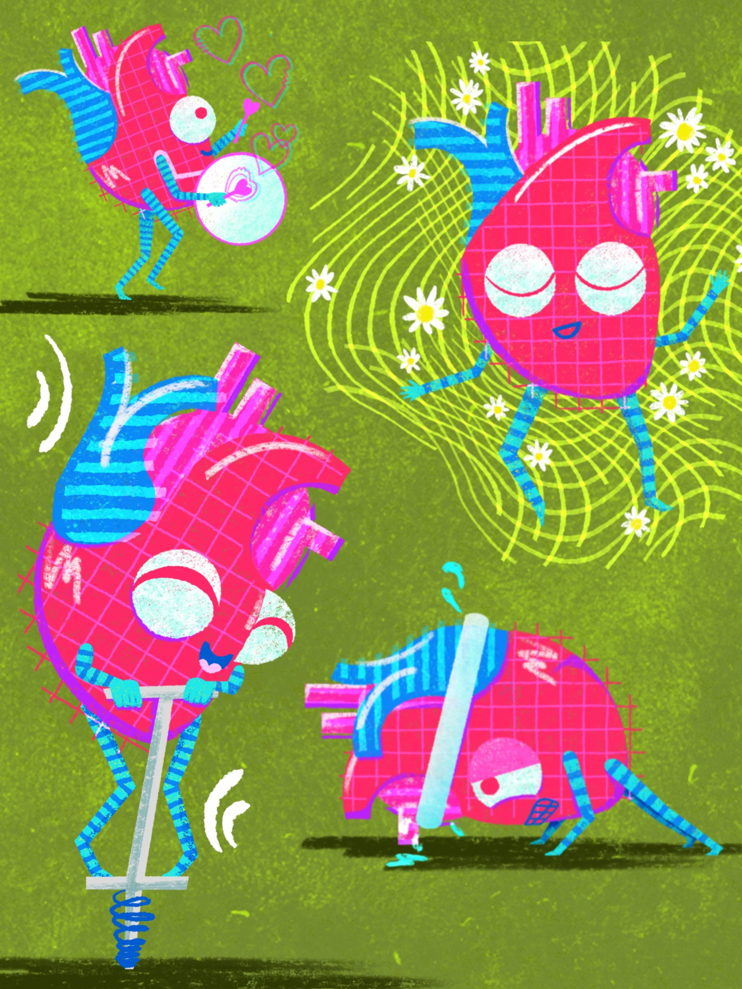 Colorful illustrated character sheet of a stylized anatomical heart featuring different emotions and poses with bold patterns, layered shapes, and a bright color palette.