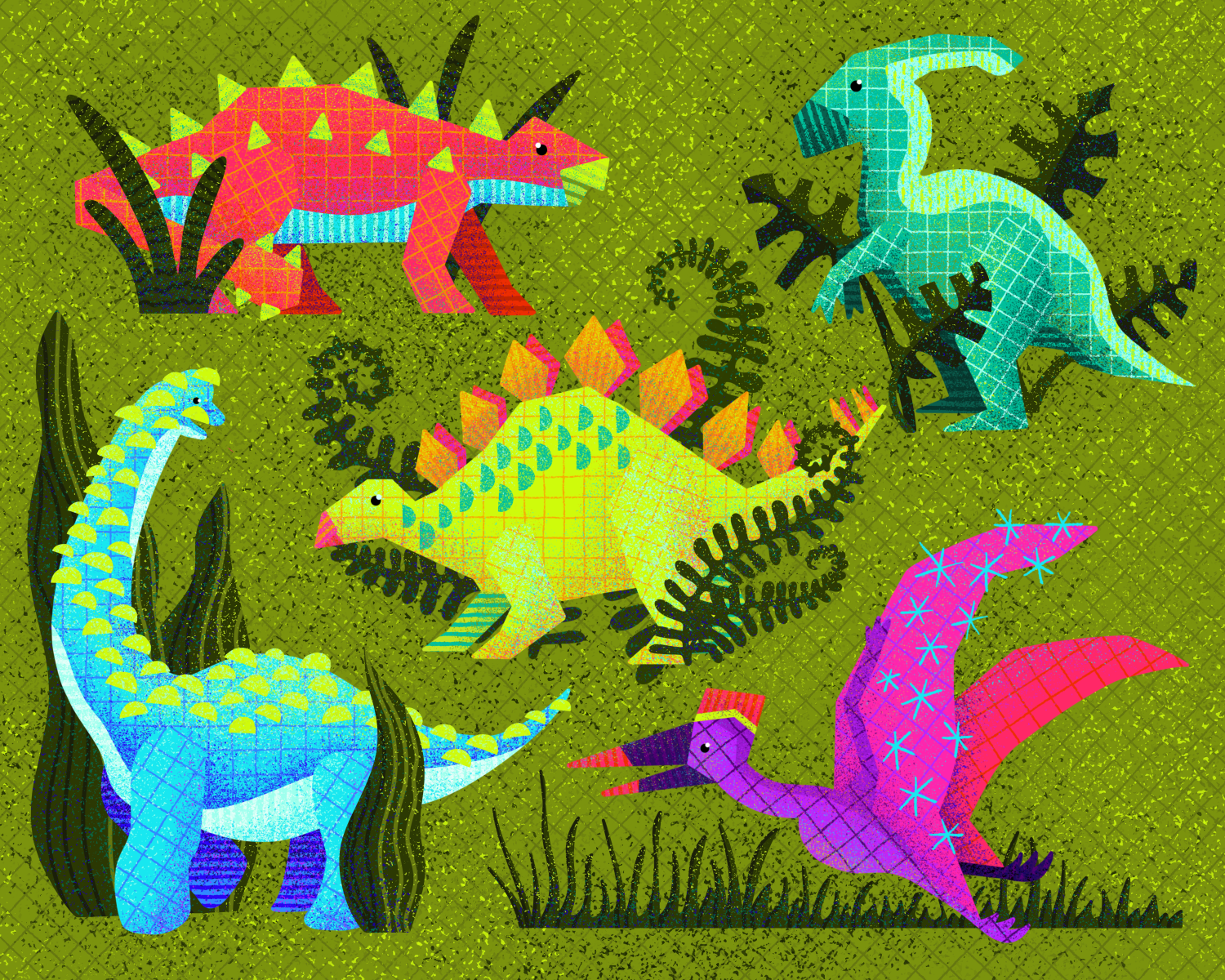 Illustration of five bright and colorful, playfully patterned dinosaurs on a green background with plants.