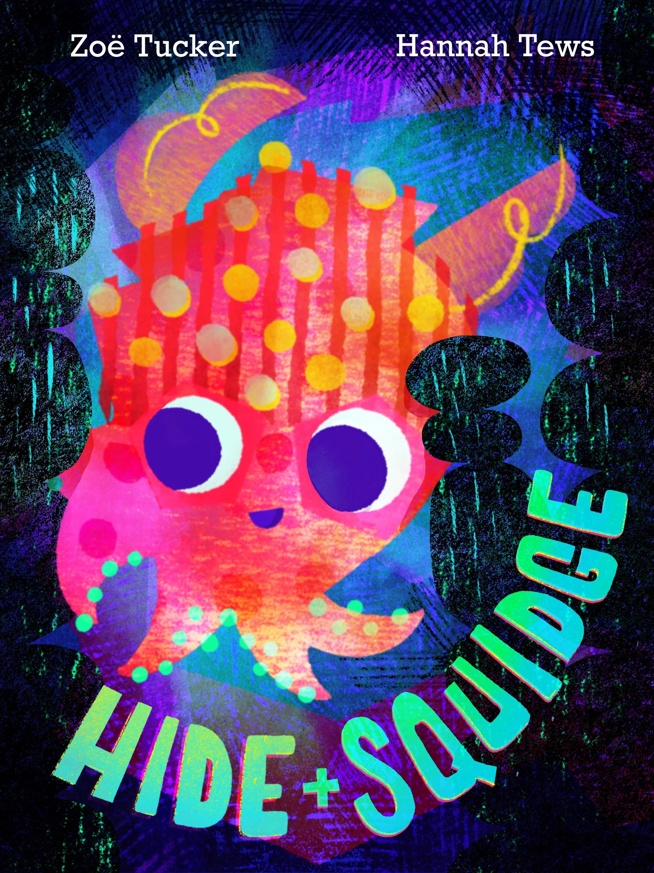 Children’s book cover illustration for Hide & Squidge with JimJam the bobtail squid peeking out of the underwater reef.
