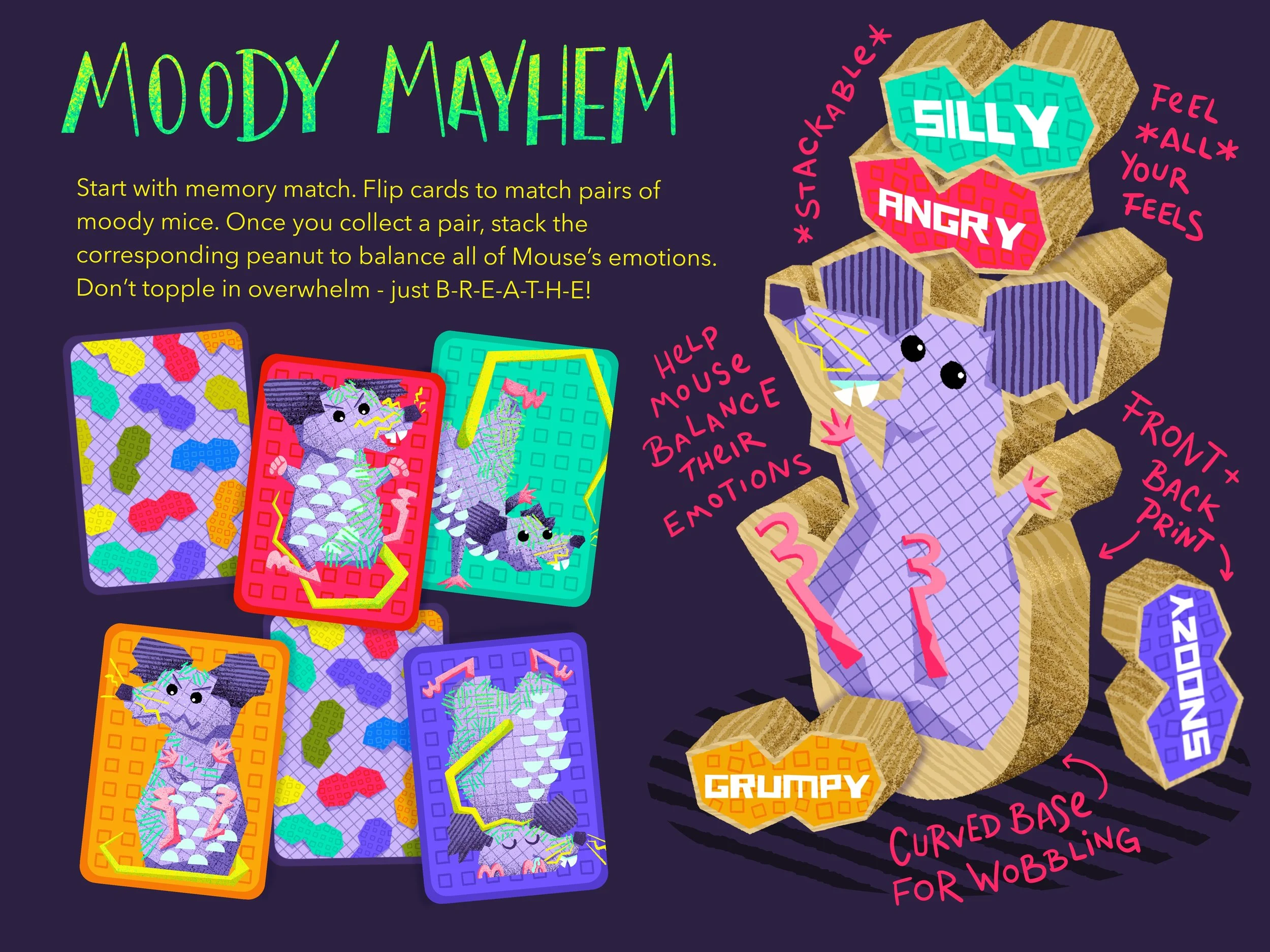 Illustrated game sheet for the Moody Mayhem Mouse game with a colorfully patterned mouse, wood cutout pieces, and moody mice cards.