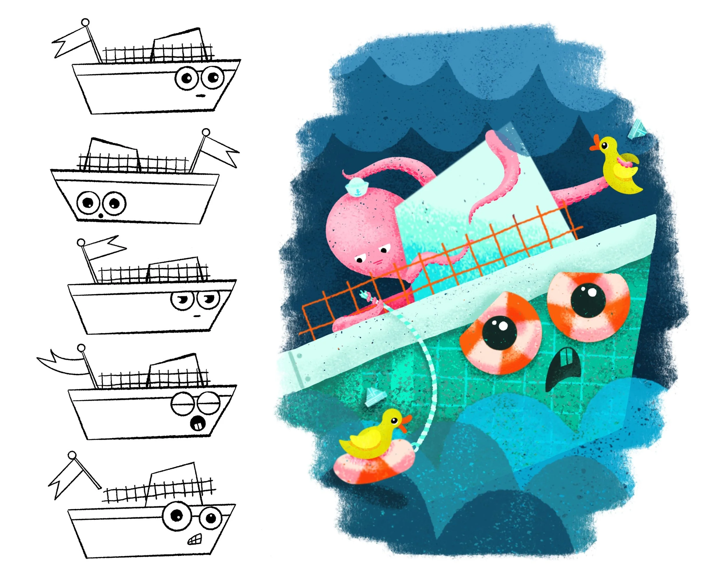 Illustrated character sheet for Little Boat featuring a full color spot illustration of the boat with yellow duckies and a pink octopus in a stormy sea, alongside five line-art sketches showing different emotions.