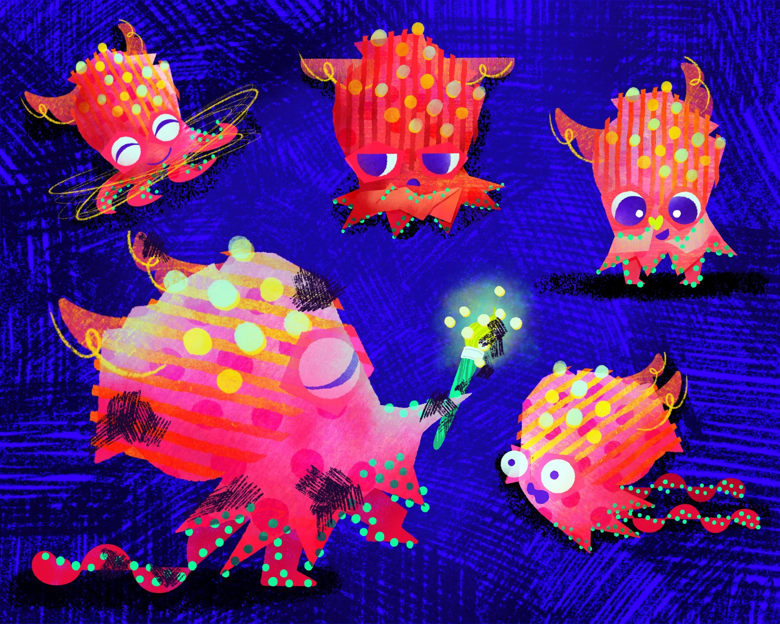 Colorful illustrated character sheet of a bobtail squid featuring different emotions with bold patterns, layered shapes, and a bright color palette.