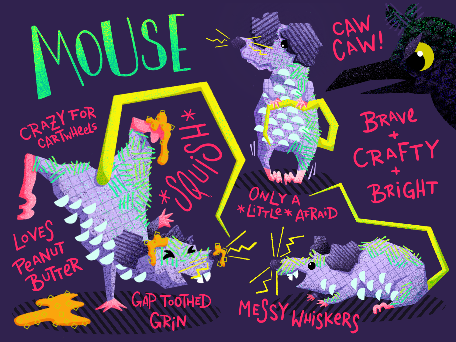 Children's book character sheet illustration of a imaginative purple mouse drawn in colorful patterns and playful poses with handwritten text details.