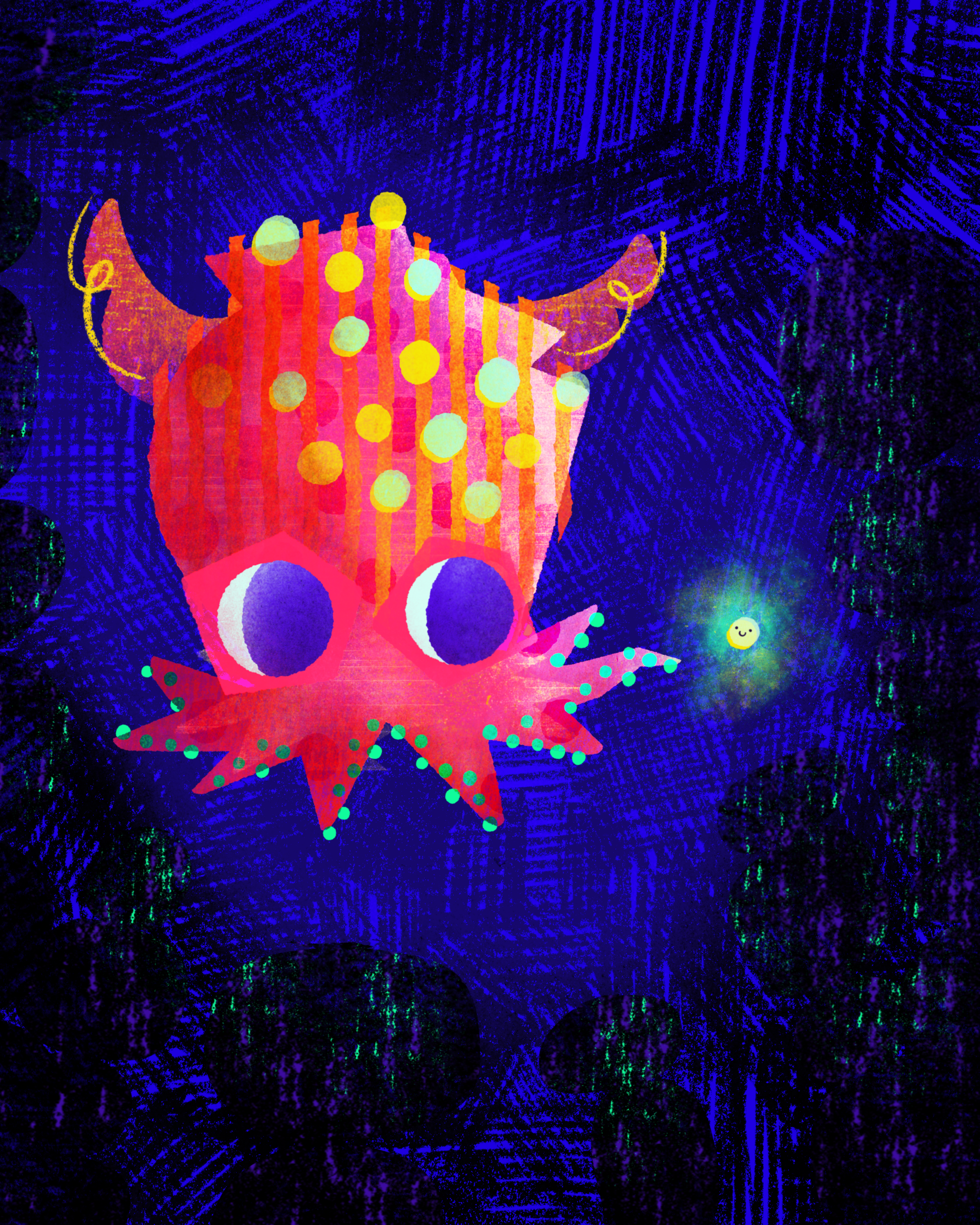 Colorful illustration of a bobtail squid hiding in the ocean at night with bold patterns, layered shapes, and a bright color palette.