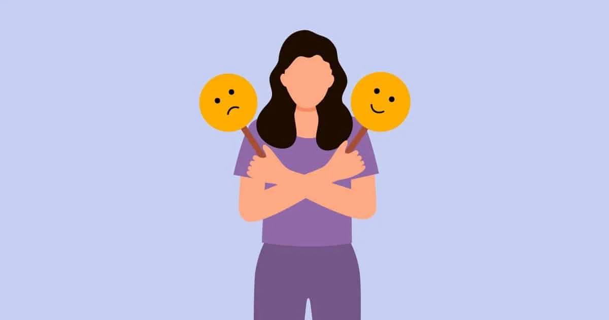 cartoon woman holding two emojis, one smiling and one frowing