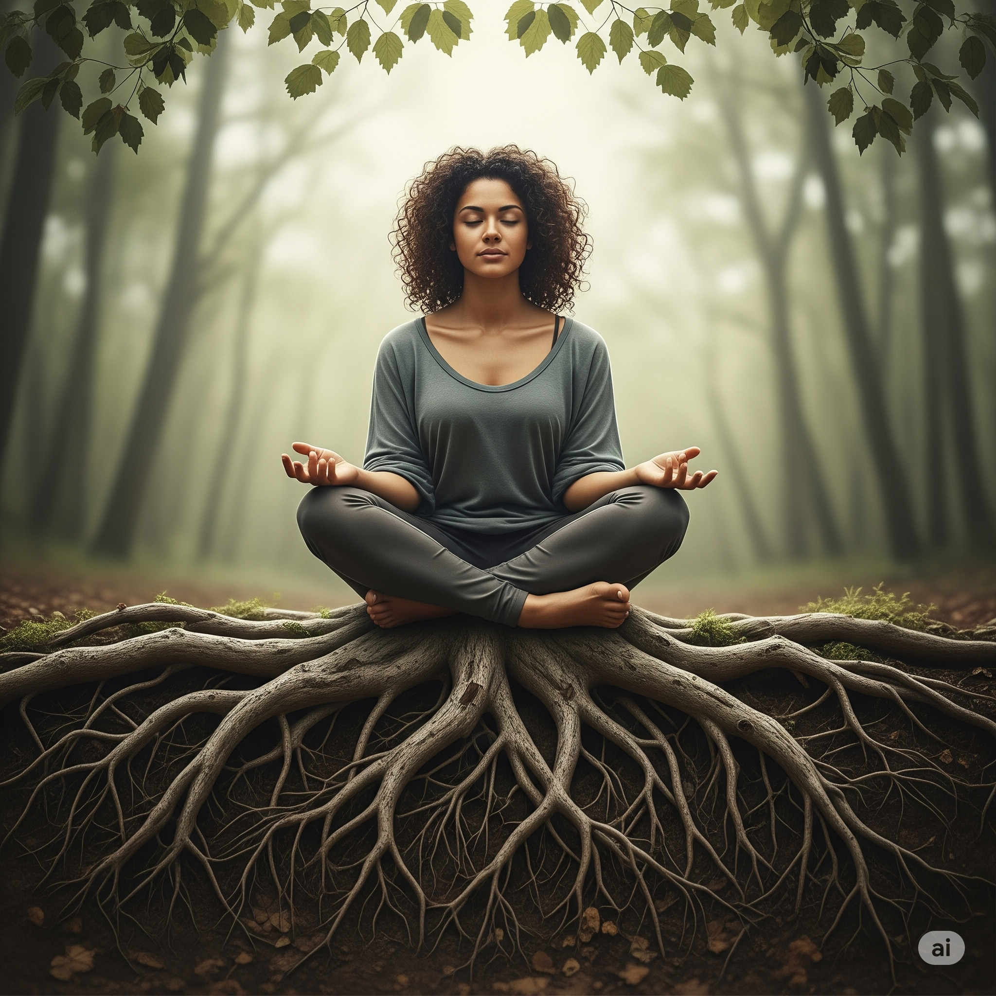 A grounded person with tree roots beneath them, symbolizing reconnection and healing