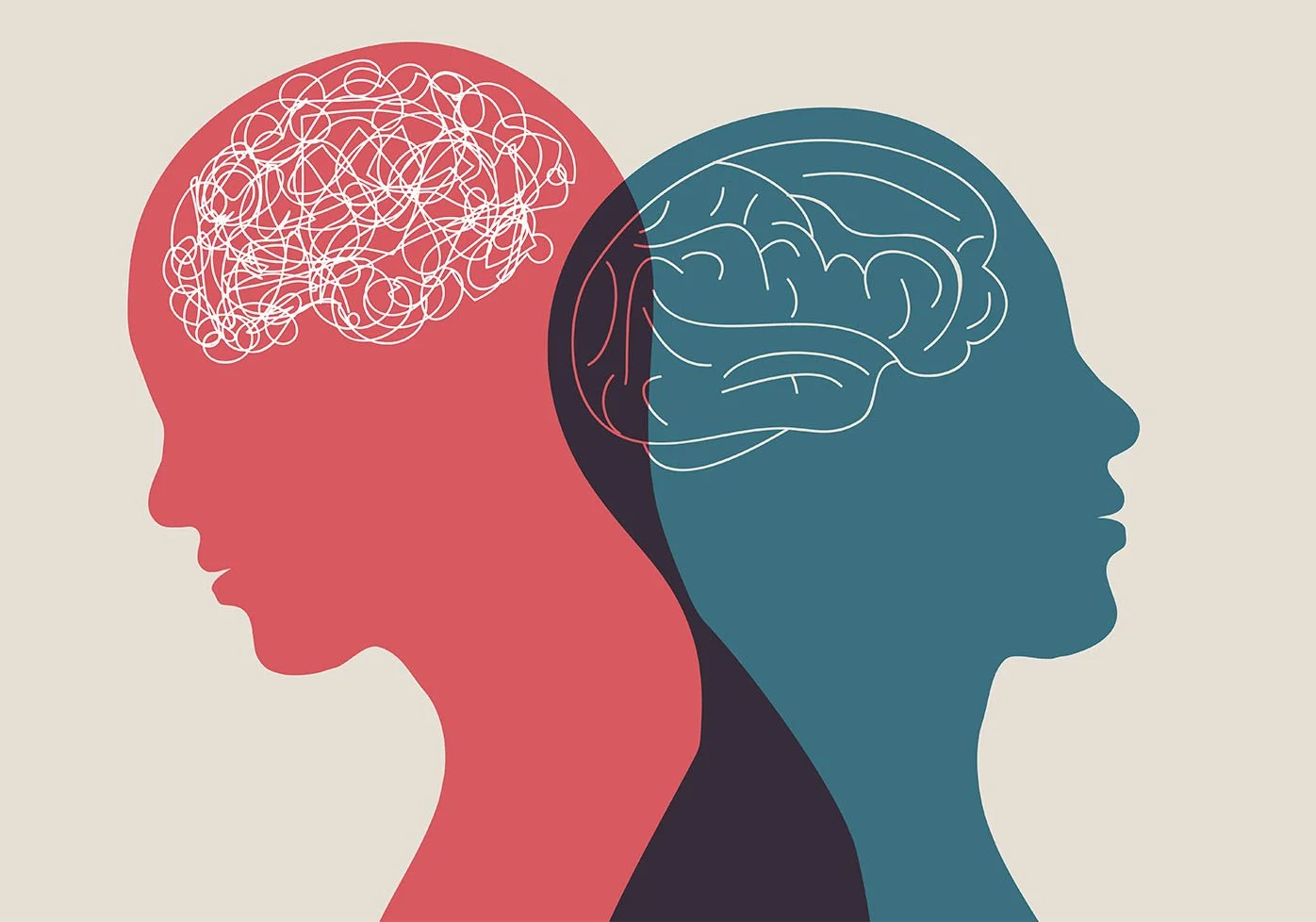 images of two people facing away from each other, one with normal brain and the other with brain with tangled lines