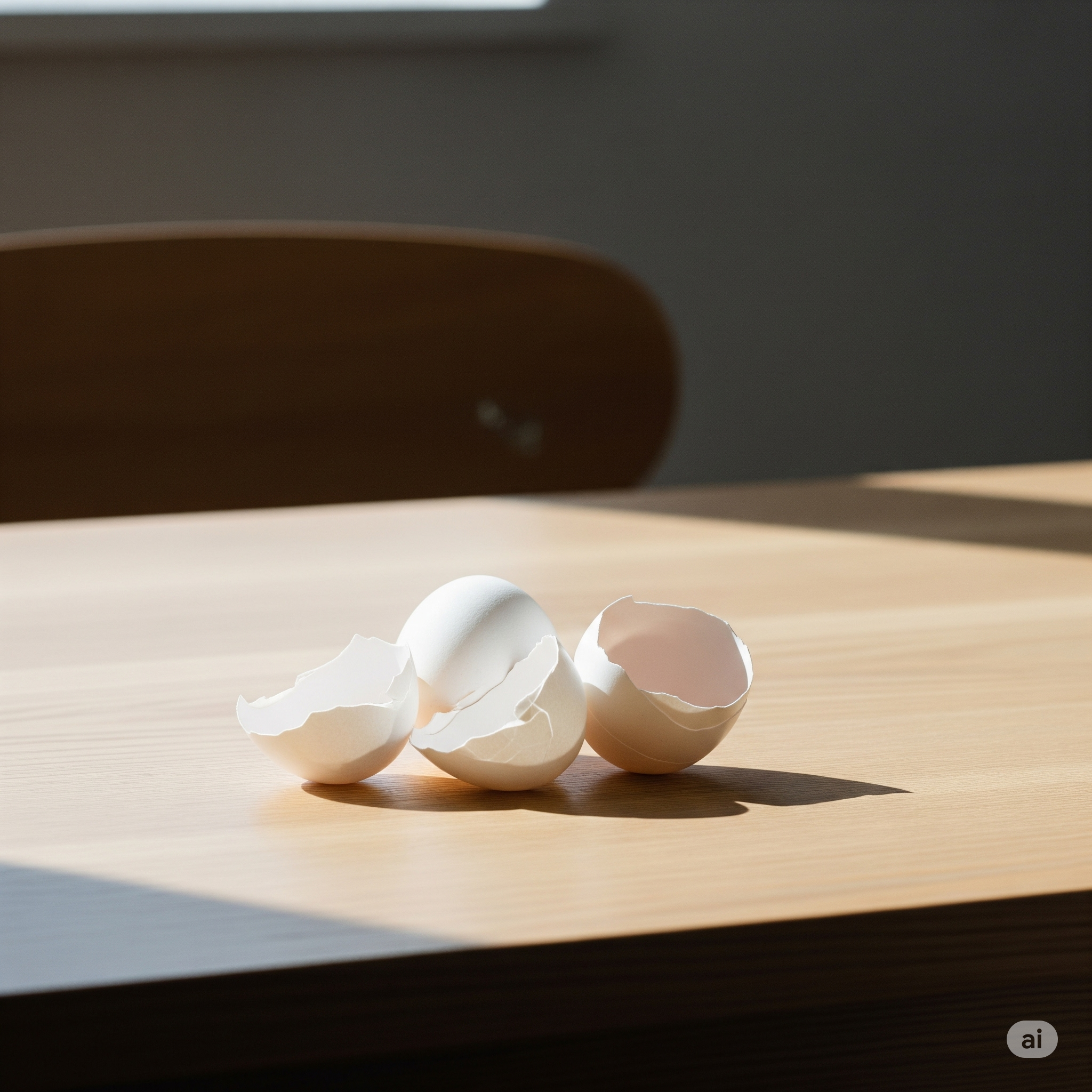 egg shells on a table, with sunlight casting shadows