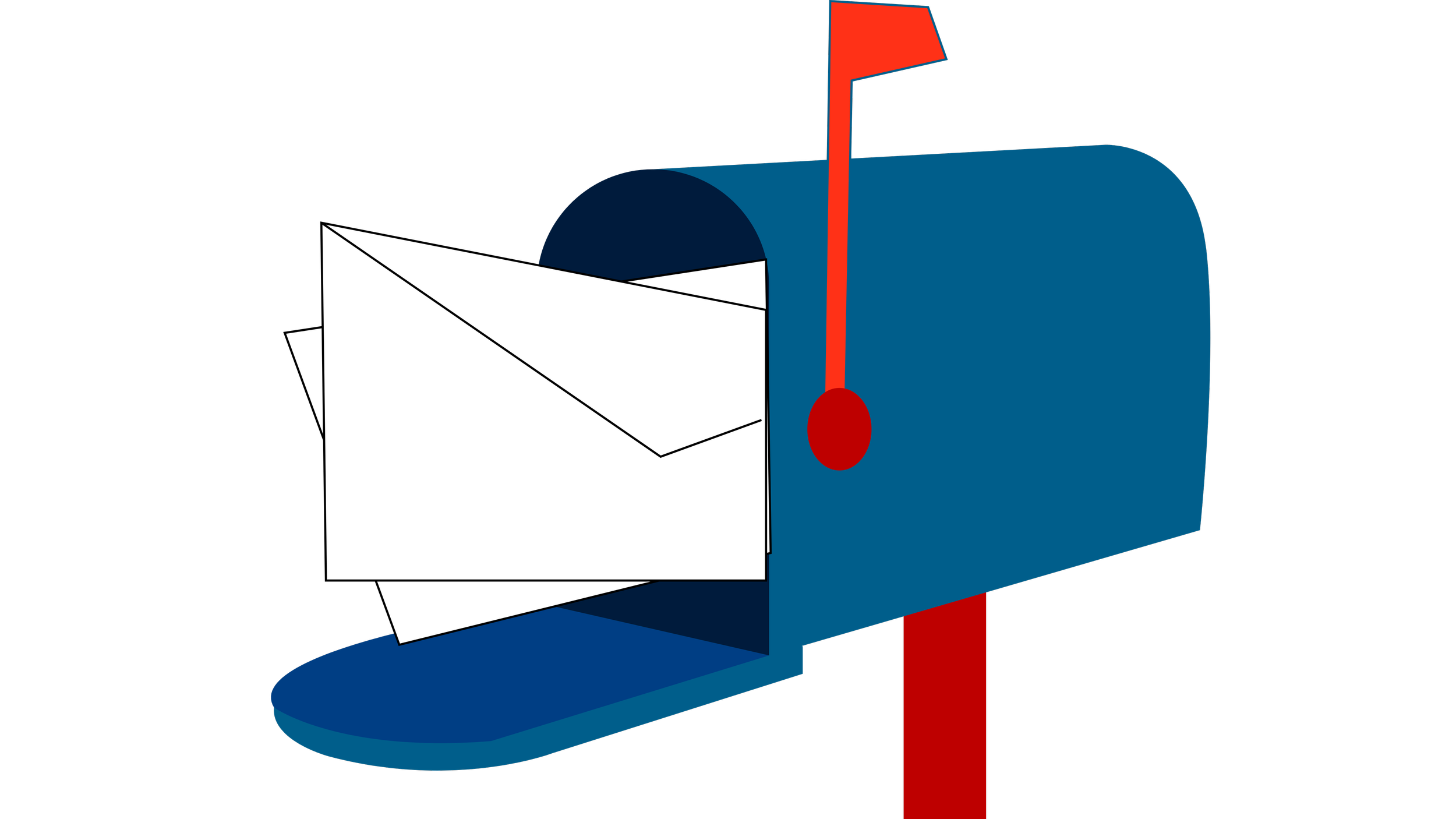 A blue mailbox with a red flag and an open mail slot, with white envelopes sticking out.