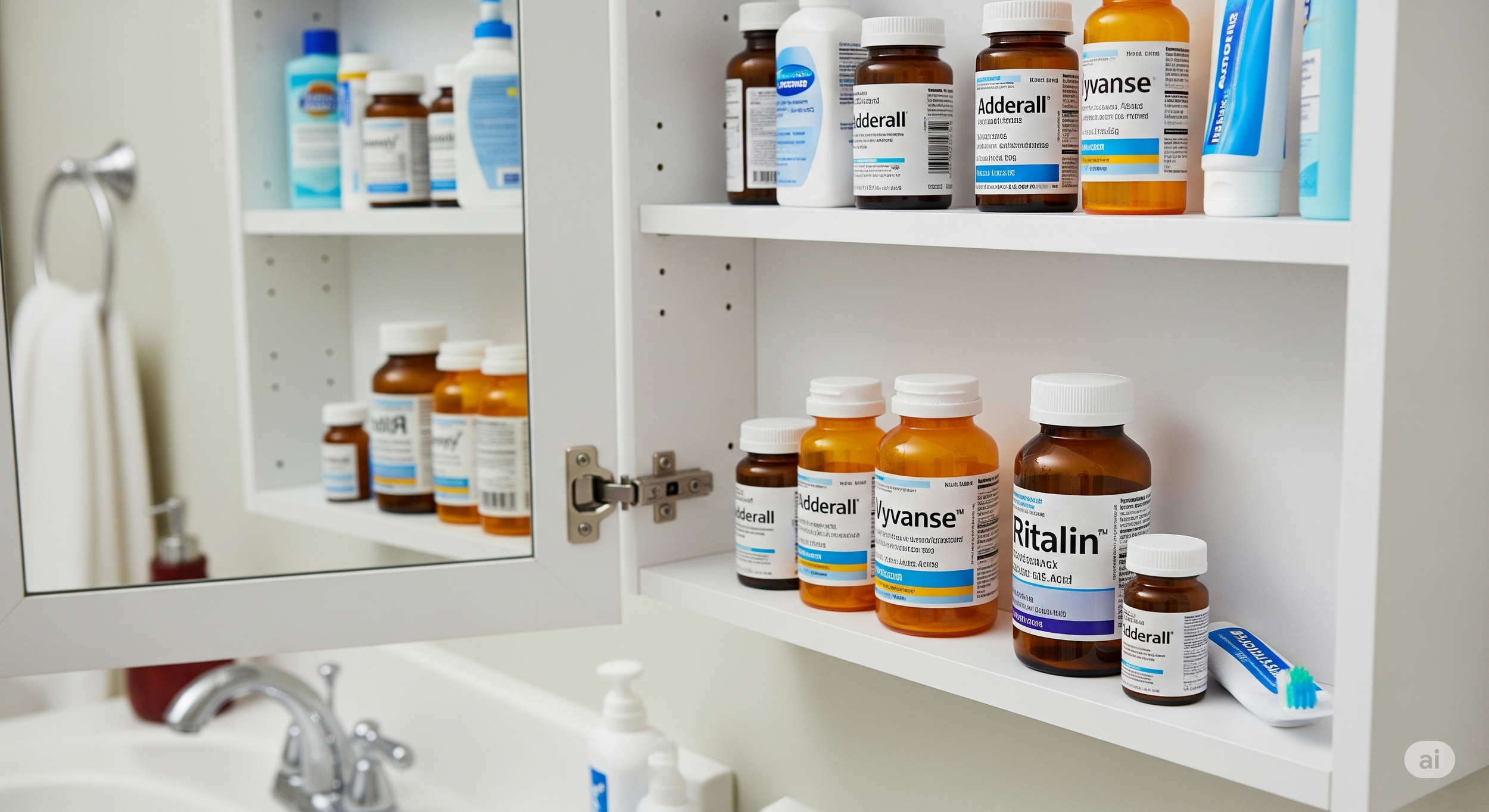 medical cabinet showing various ADHD medication bottles