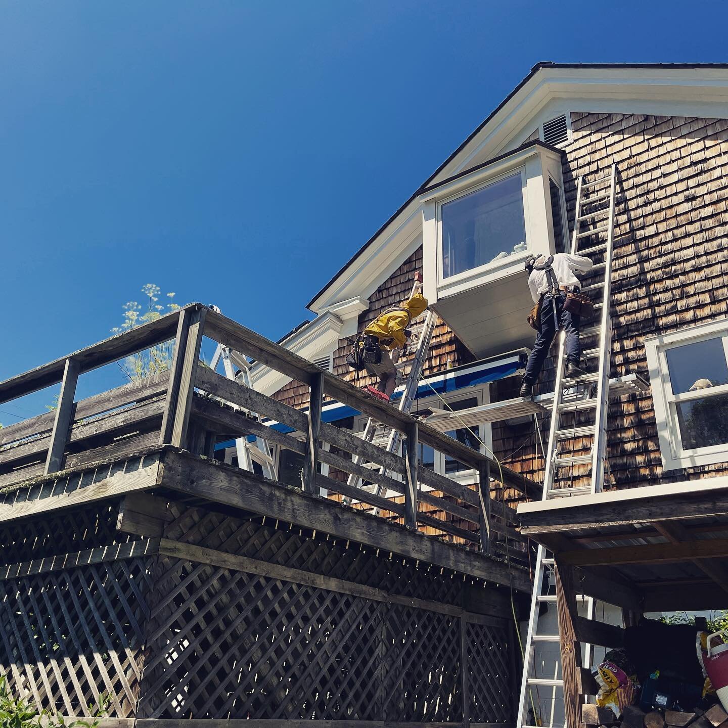 Another short, hot, south-facing job. Framing, trim, and siding repairs to a high bay window. Add challenging angles, challenging site access, and challenging hornets to challenging heat, and somehow you&rsquo;ll still come up with a job well done wh