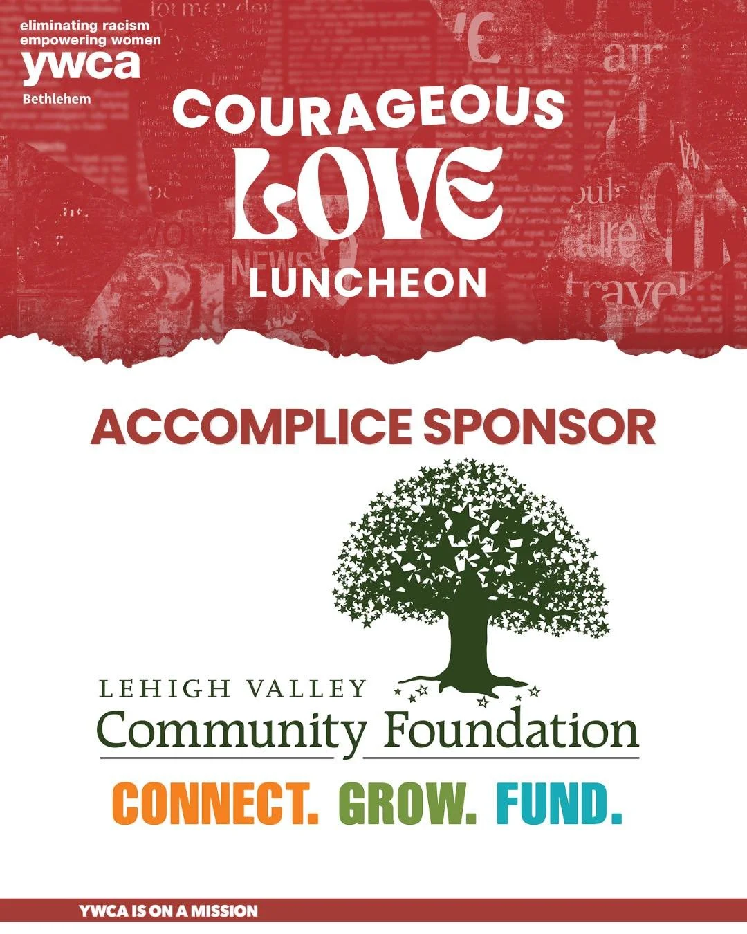 We&rsquo;re grateful to Lehigh Valley Community Foundation for standing with us as an Accomplice Sponsor of the Courageous Love Luncheon! Your generosity helps fund vital YWCA programs that create change in Bethlehem. 🧡🧡 #ywcabethlehem