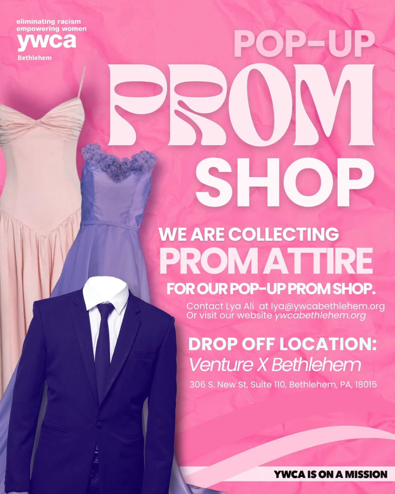 Calling all YWCA Bethlehem Family! 

Help us make every teen feel like true prom royalty! 🩷👑

The YWCA Bethlehem&rsquo;s Pop-Up Prom Shop is returning on March 28, 2026, and we&rsquo;re beginning our annual collection of gently used prom gowns and 