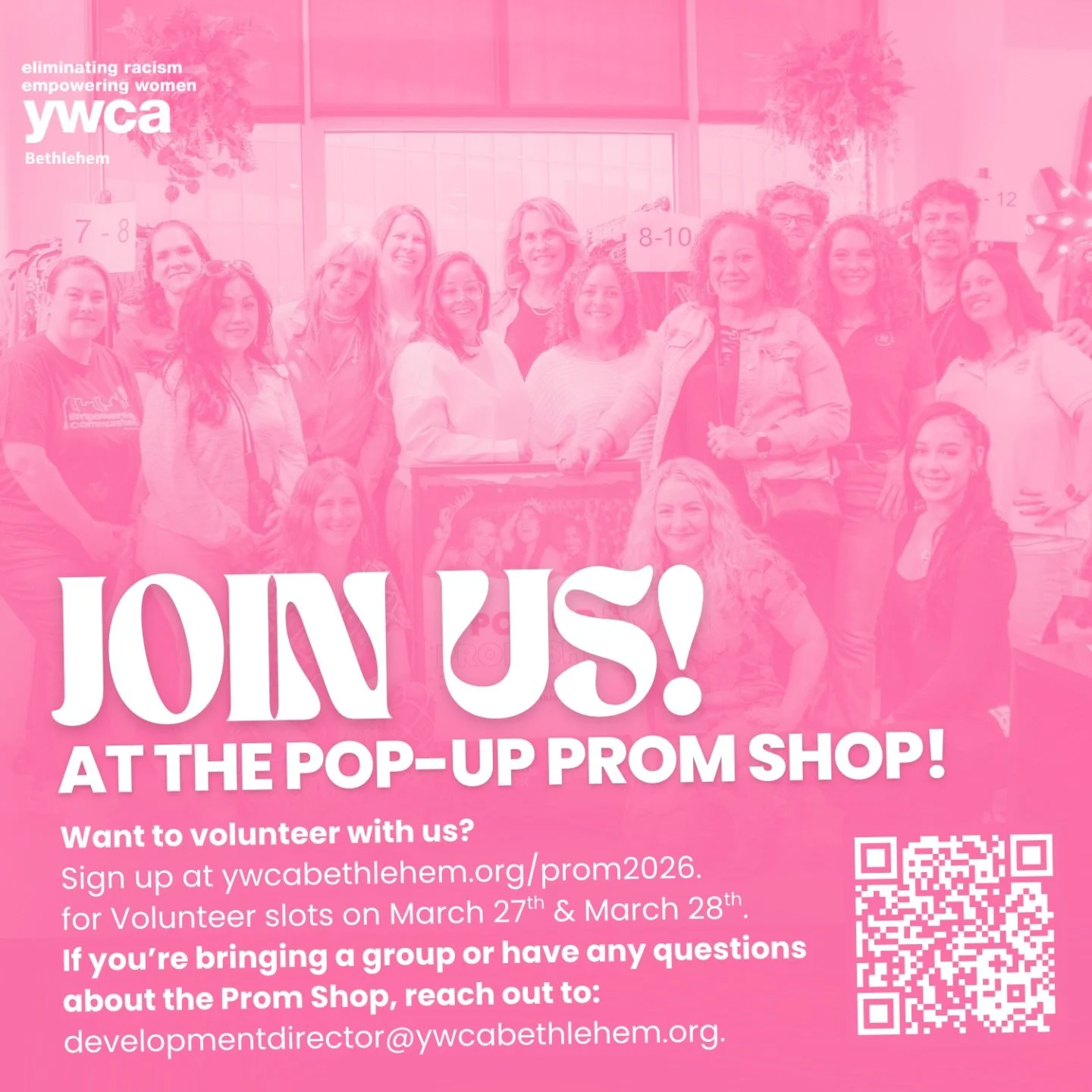 The YWCA Bethlehem Pop-Up Prom Shop is looking for volunteers to create a joyful and welcoming experience for students across the Lehigh Valley. Join us to lend a hand with setup, event day, and breakdown; your support makes all the difference!

Volu